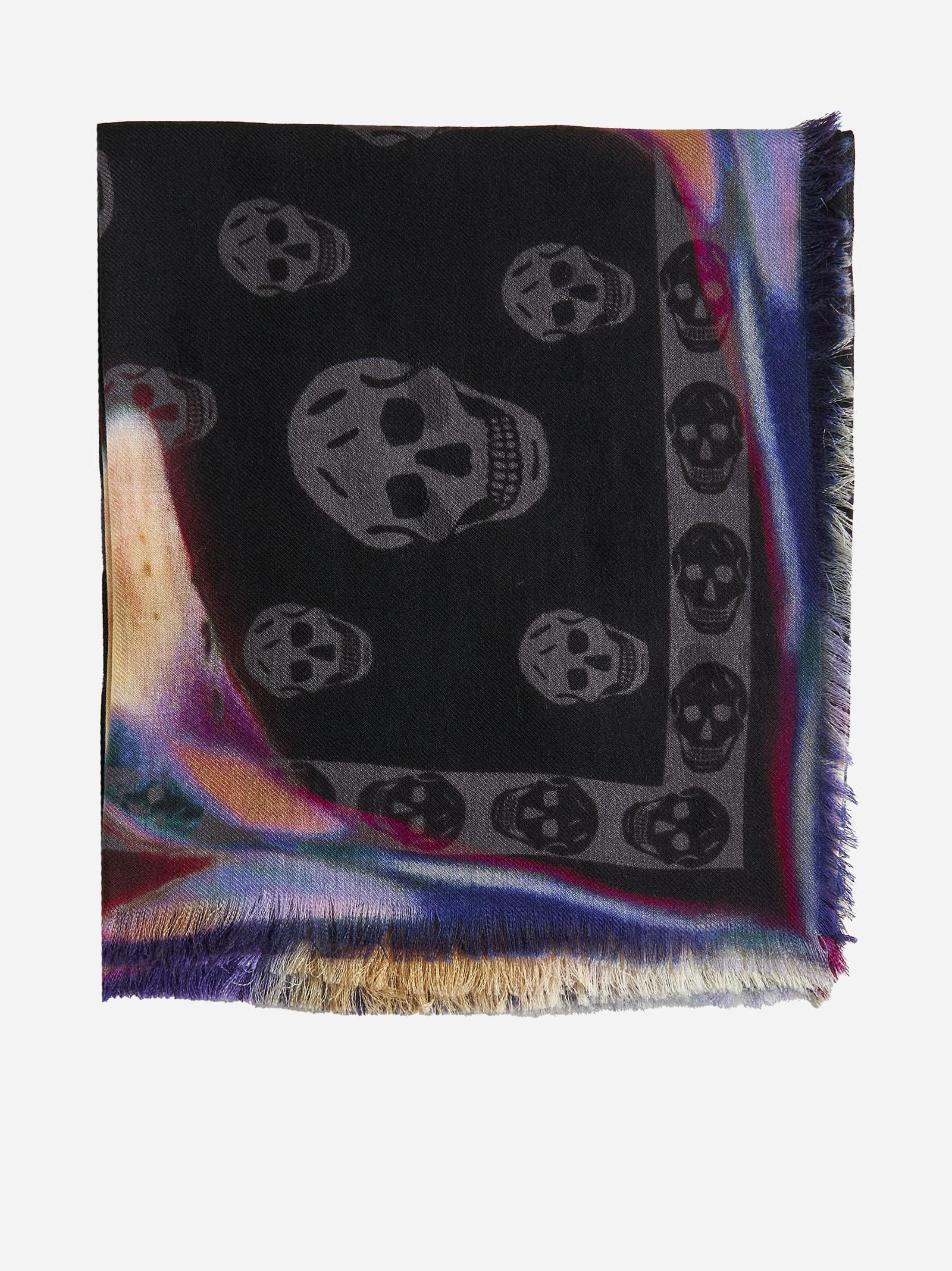Alexander Mcqueen Skull And Floral Print Wool Scarf In Black