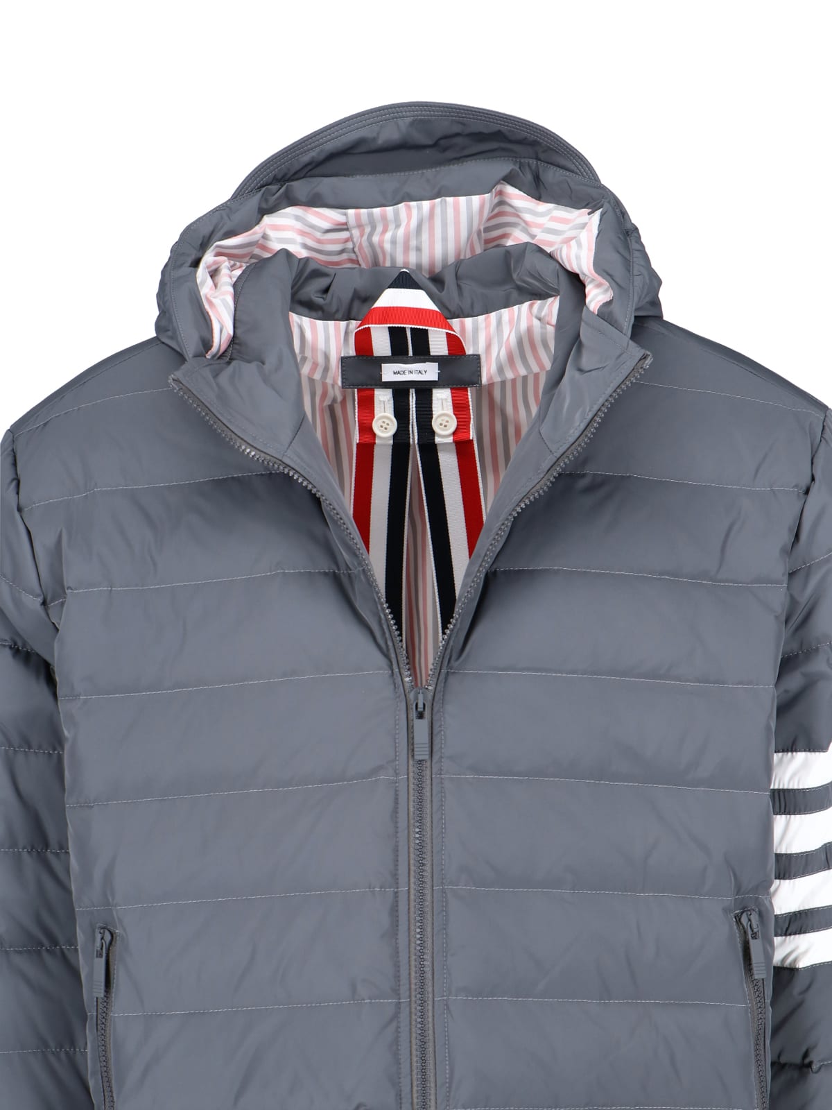 Shop Thom Browne Striped Detail Down Jacket In Gray