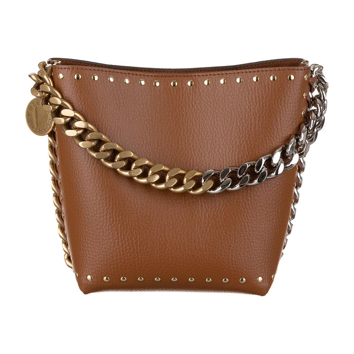 Stella Mccartney Frayme Studded Two-tone Vegan Leather Bucket Bag In Pecan