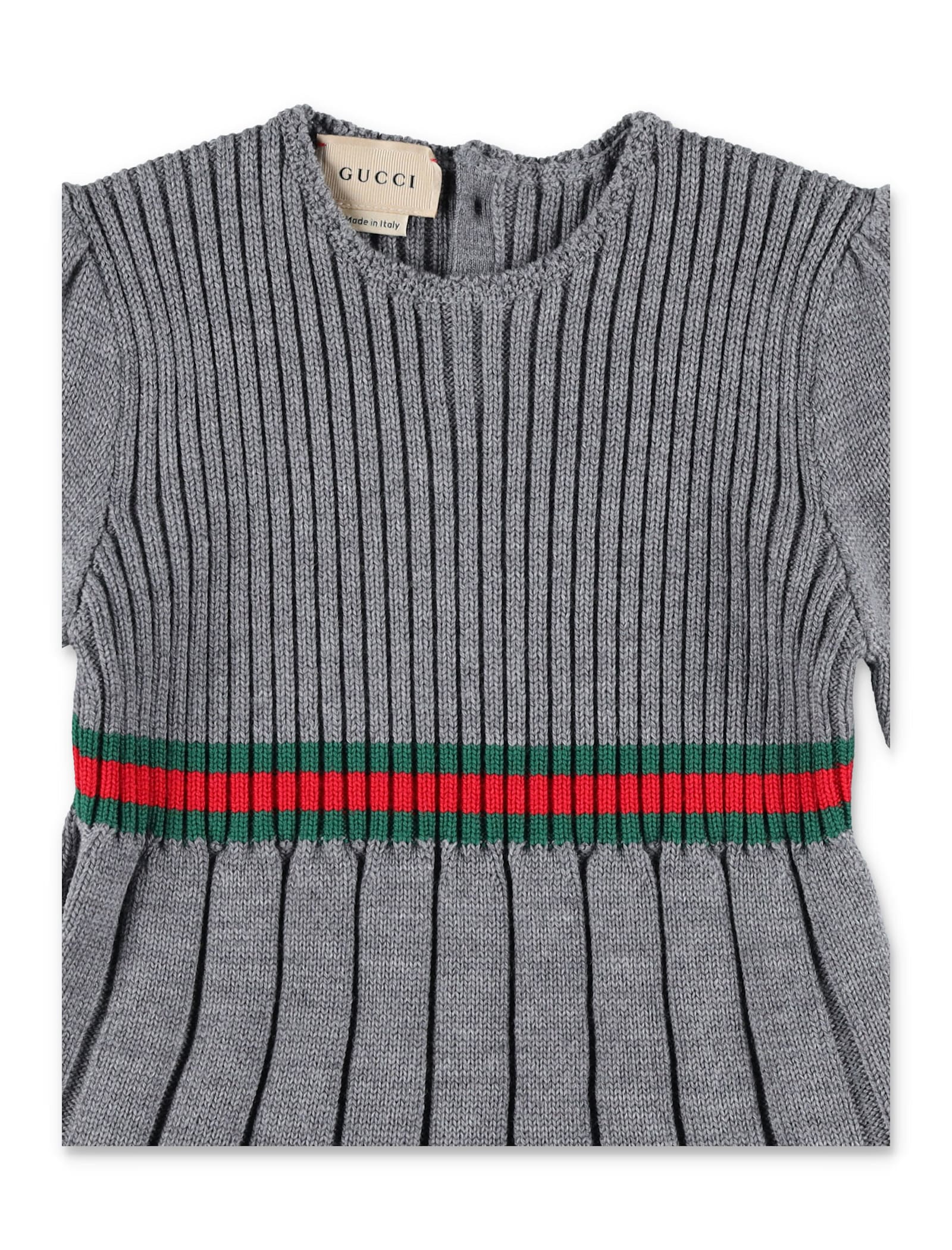 Gucci Grey Wool Dress With Web Ribbon In Grigio