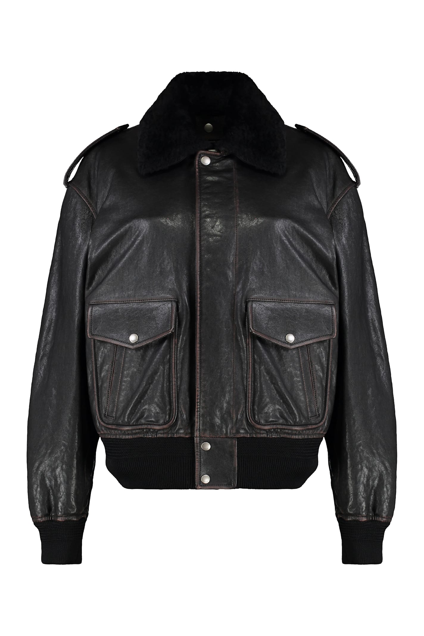 Saint Laurent Black Jacket With Removable Fur Collar In Leather Woman In Animal Print