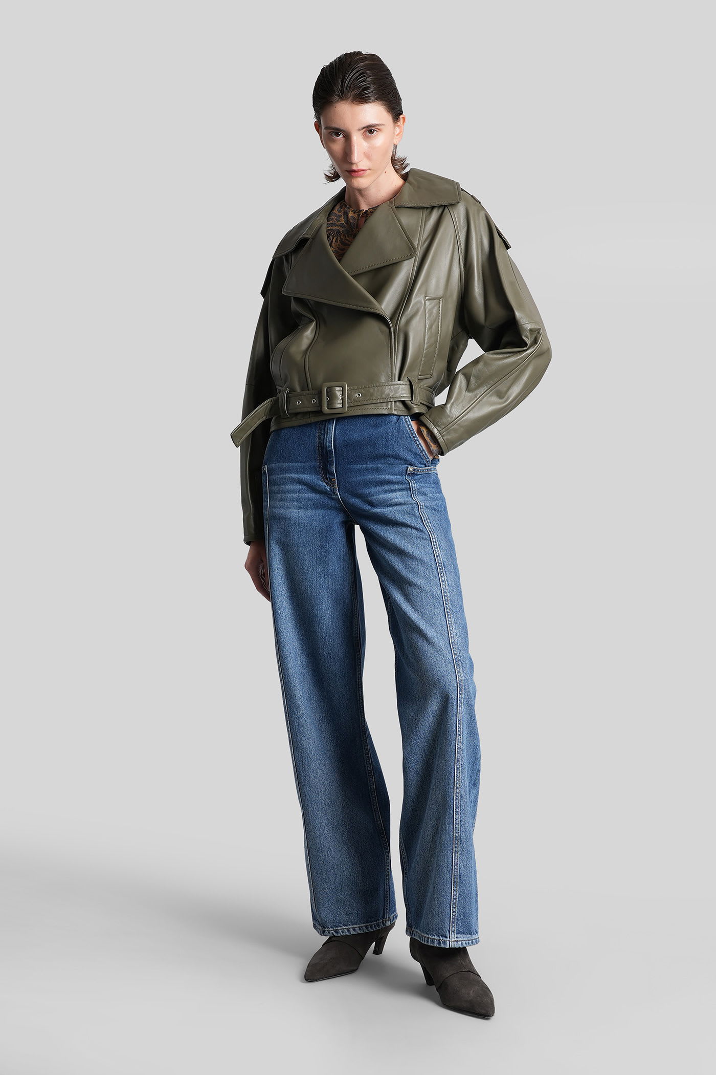 Iro Yuria Biker Jacket In Green Leather In Green