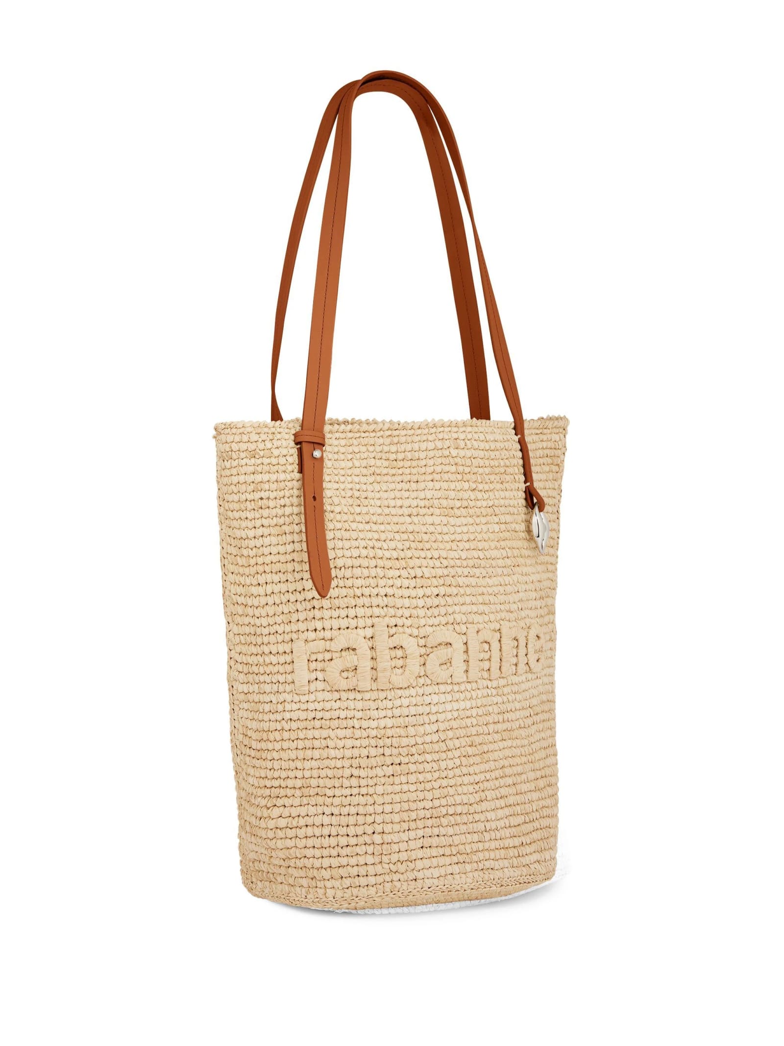 Shop Rabanne Natural Raffia Tote Bag With Logo In Brown