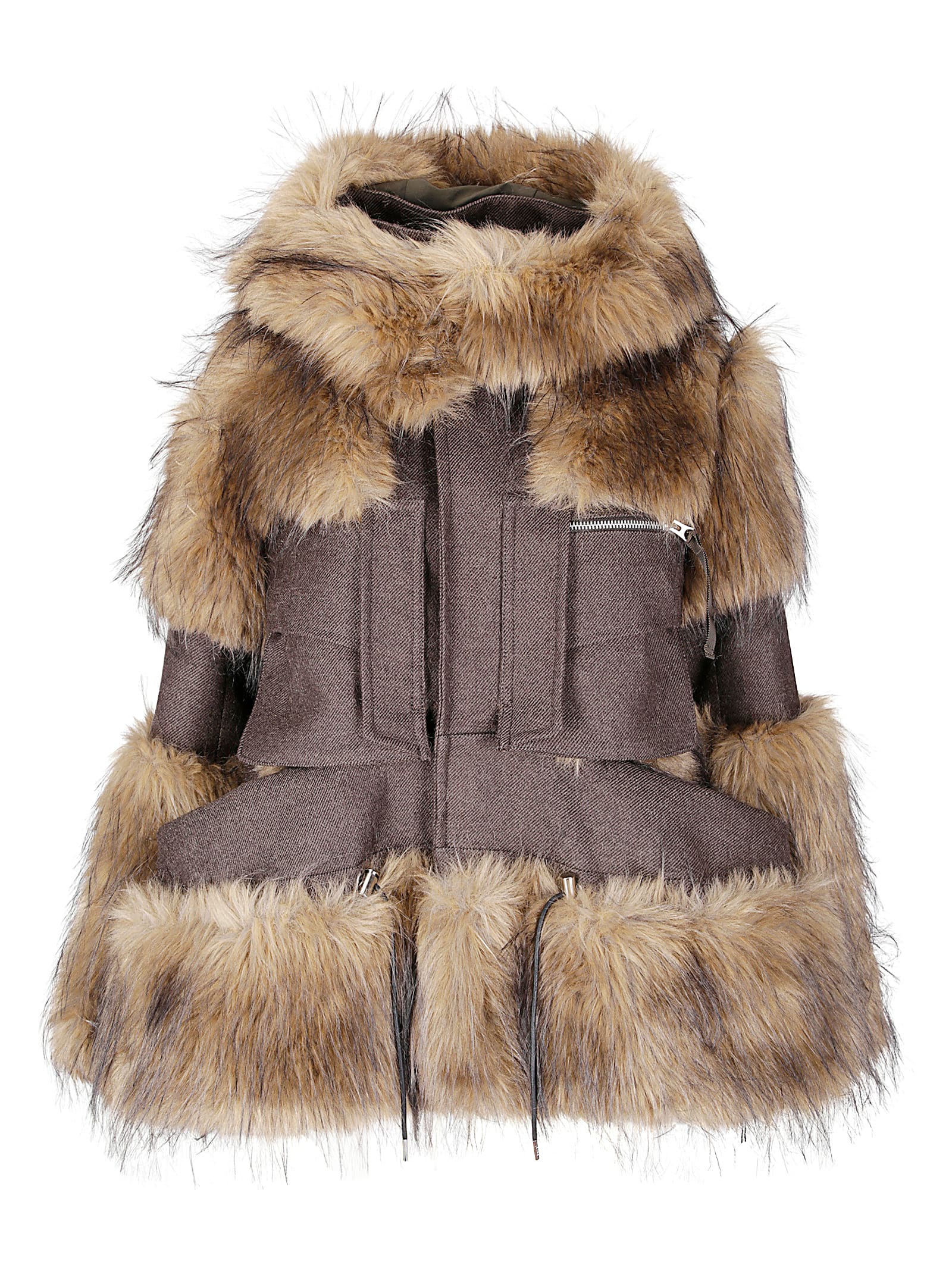 Sacai Fur-trimmed Wool Jacket In Brown