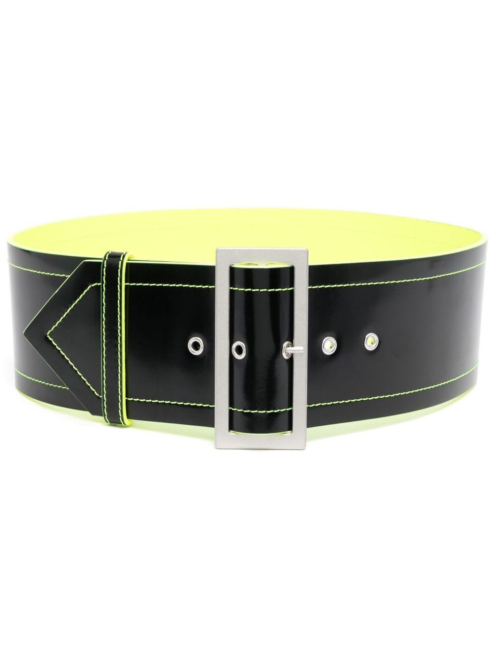 PHILOSOPHY DI LORENZO SERAFINI BLACK AND FLUO YELLOW BELT WITH POINTED TIP AND CONSTRAST STITCHING IN LEARHER WOMAN