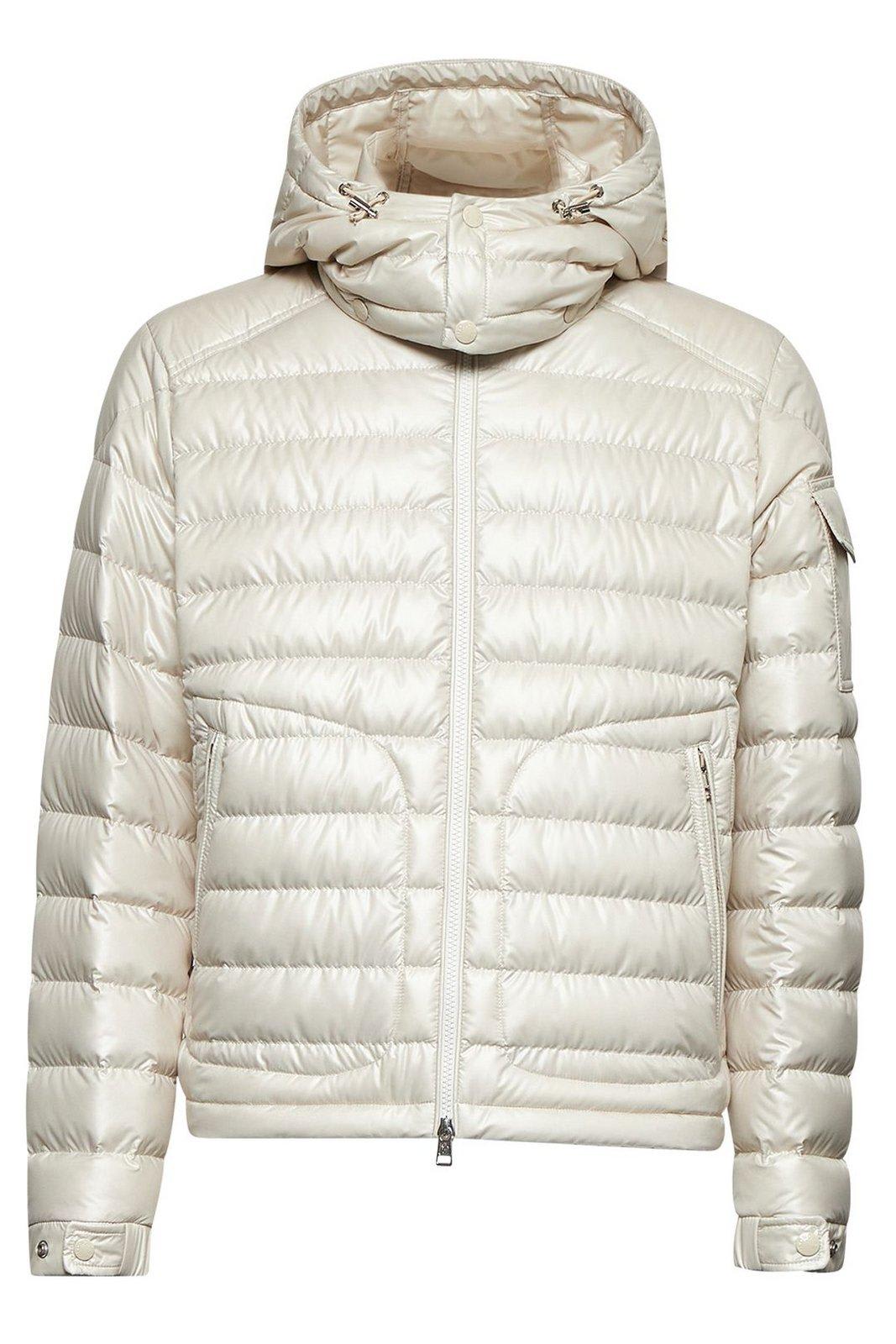Moncler Lauros Logo Patch Zip-up Hooded Jacket In Neutral