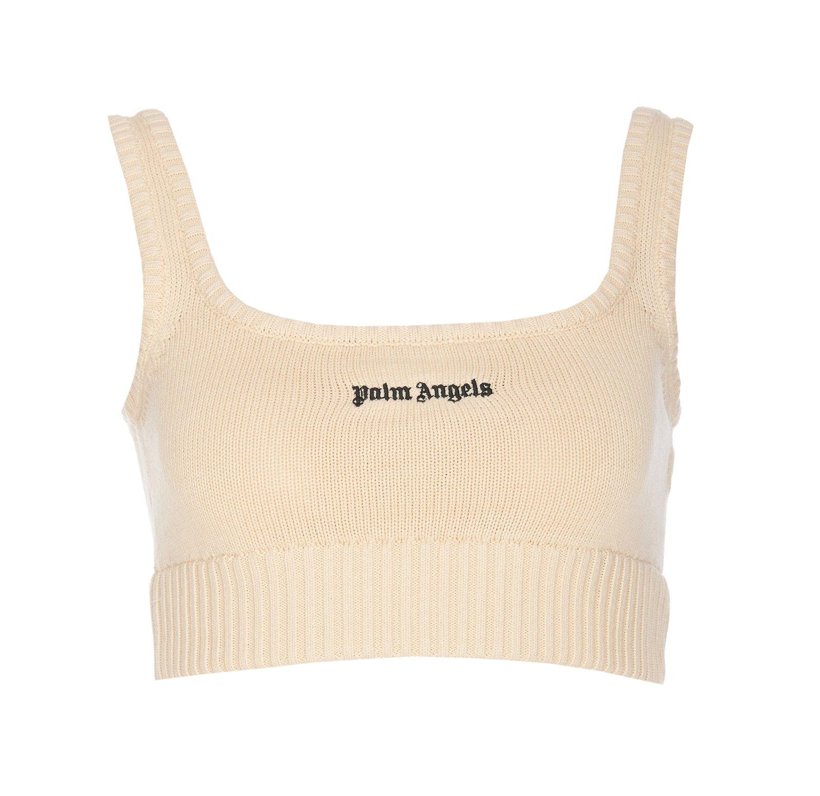 Shop Palm Angels Logo Embroidered Cropped Knitted Tank Top In Off White