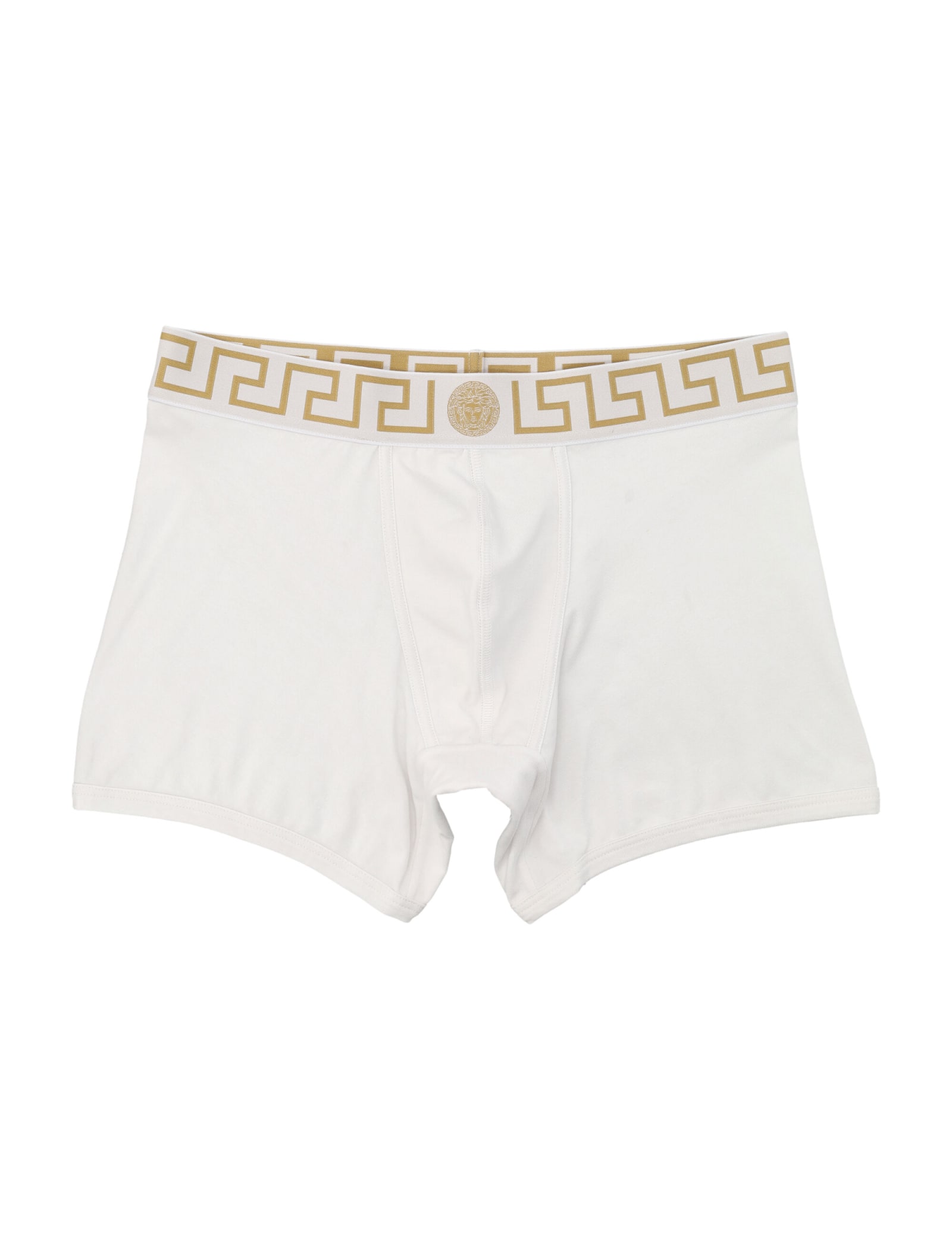 Versace Two-pack White Greca Border Boxer Briefs In Black Silver Gold