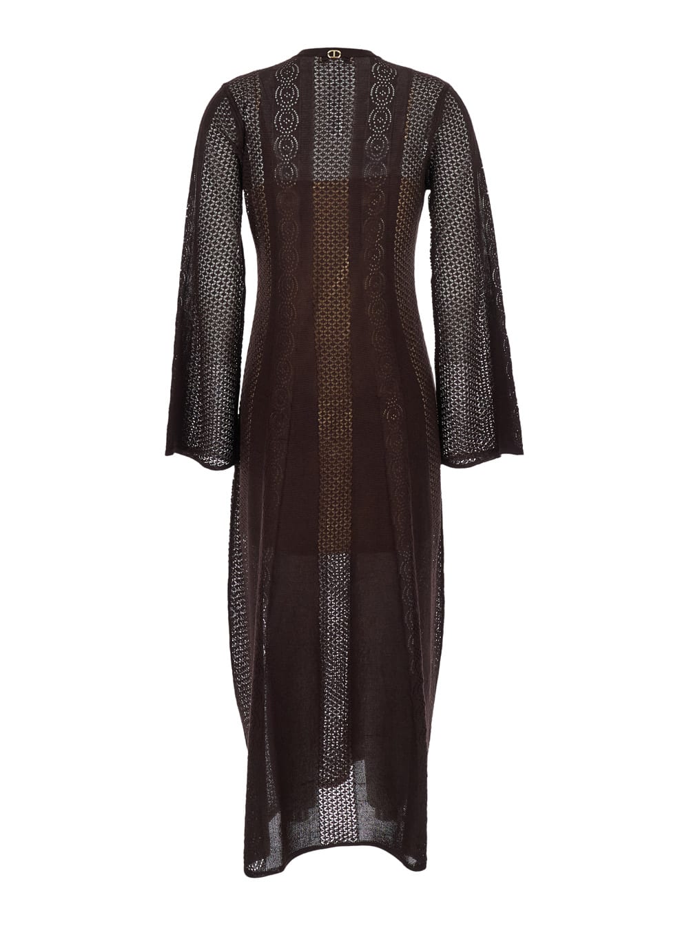 Shop Twinset Brown Dress With V-neck And Knitted Design With All-over Embroidery In Fabric Woman