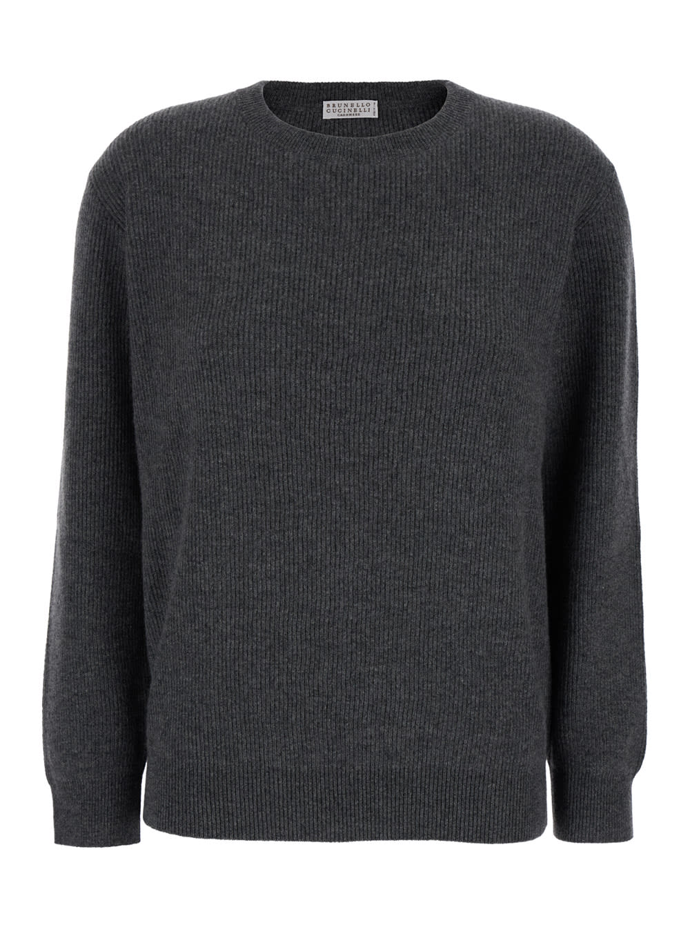 Shop Brunello Cucinelli Grey Crewneck Sweater In Ribbed Cashmere Woman