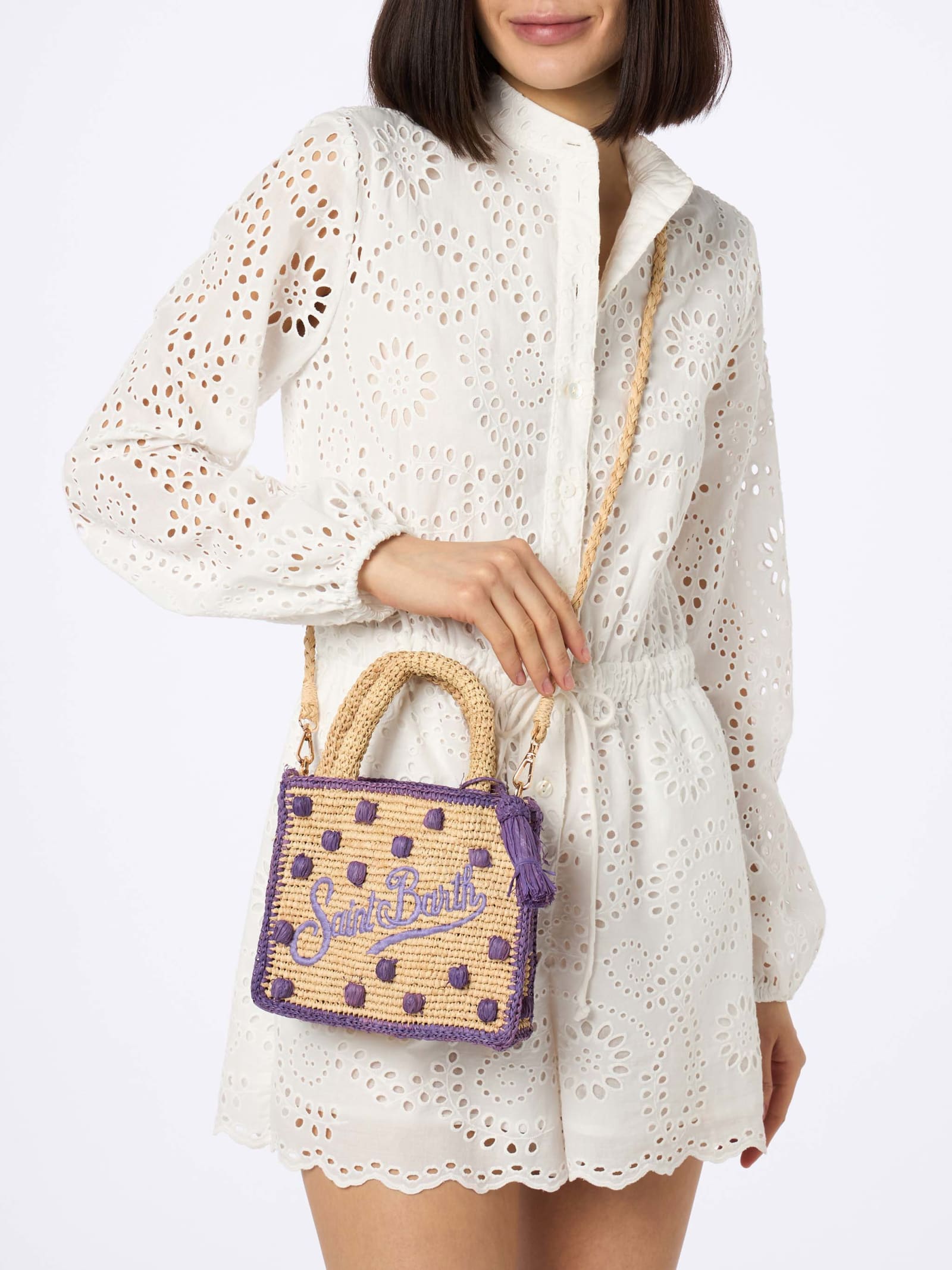 Shop Mc2 Saint Barth Beige Natural Mini Vanity Raffia Bag With Polka Dot Appliqués In Pink