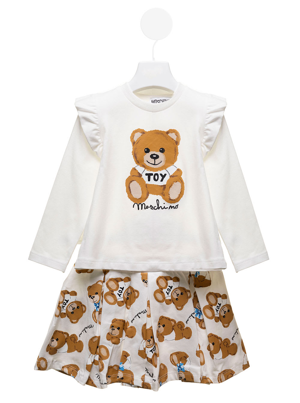 White Cotton Coordinated Suit With Teddy Bear Print Moschino Kids Baby Girl
