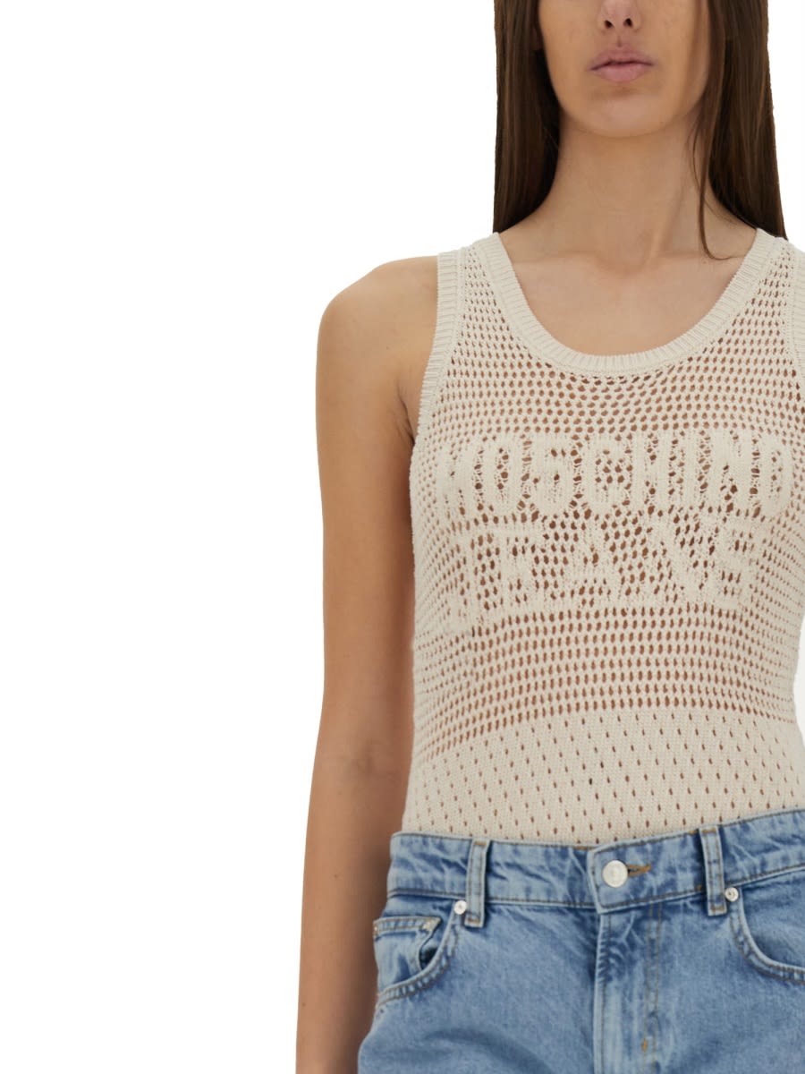 Moschino Jeans Mesh Top With Logo In Neutral