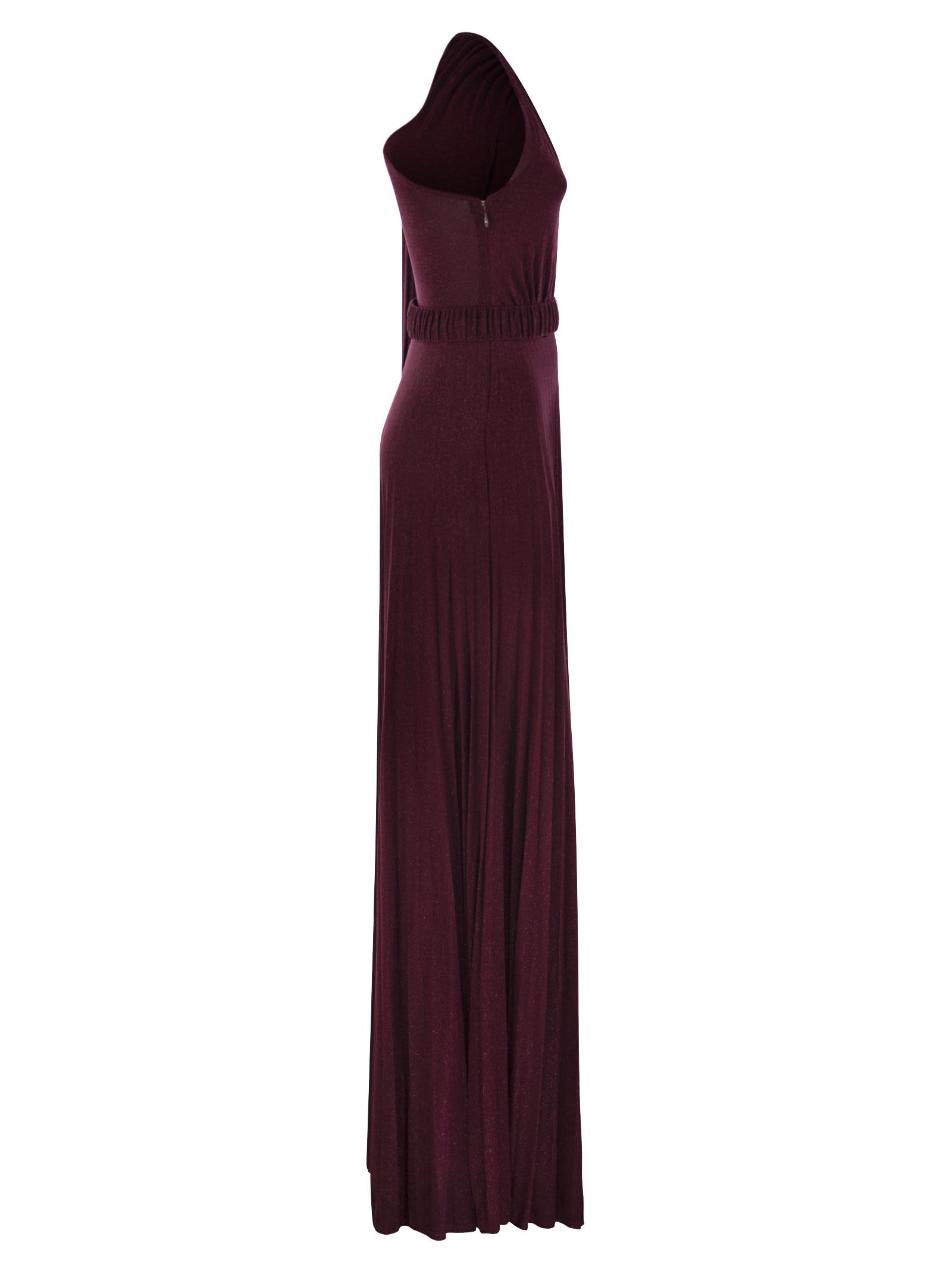 Shop Elisabetta Franchi One-shoulder Red Carpet Dress In Pleated Lurex Jersey In Bordeaux