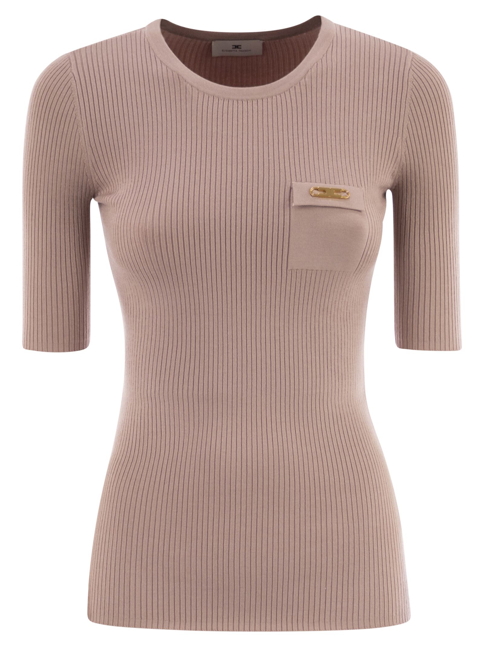 Elisabetta Franchi Ribbed Jumper With Pocket In Neutral