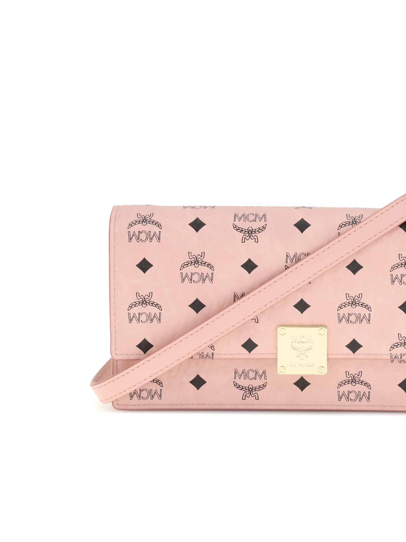 Mcm Large Wallet With Logo Shoulder Strap In Pink