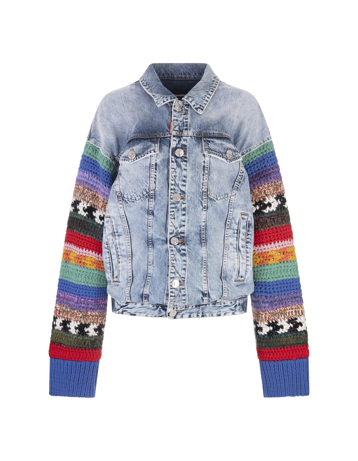 Dsquared2 Woman Blue Denim Jacket With Multicolored Knitted Sleeves