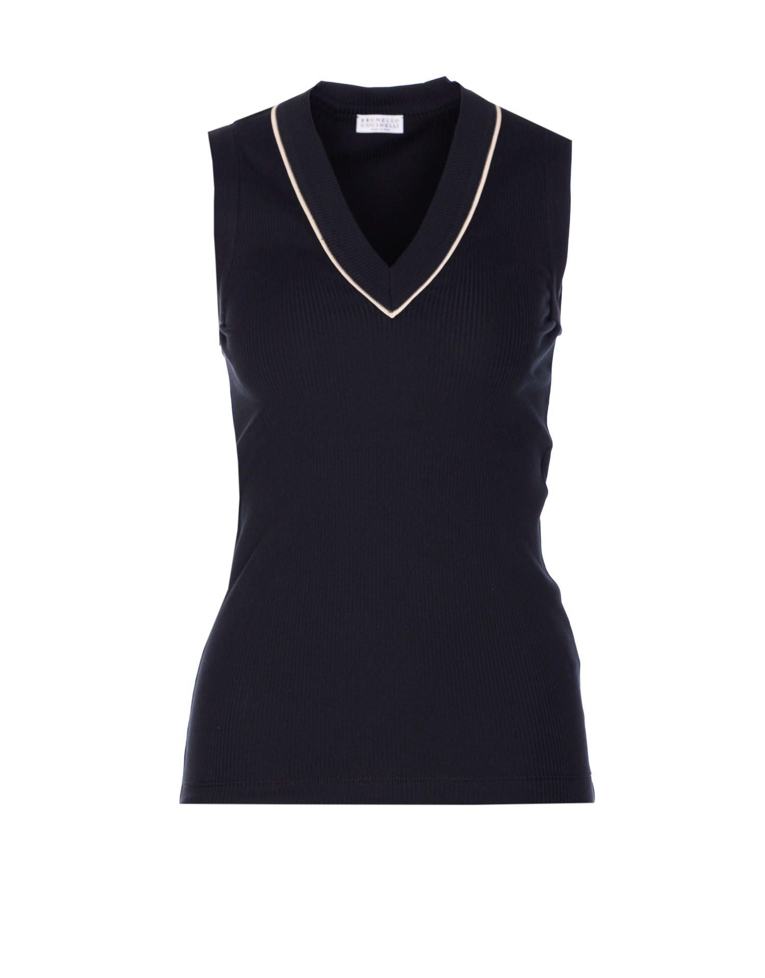Brunello Cucinelli Sleeveless V-neck Ribbed Texture Tank Top In Black