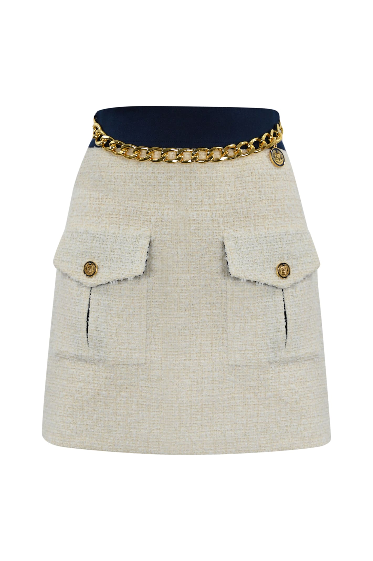 Shop Elisabetta Franchi Tweed Skirt With Pockets In Burro/navy