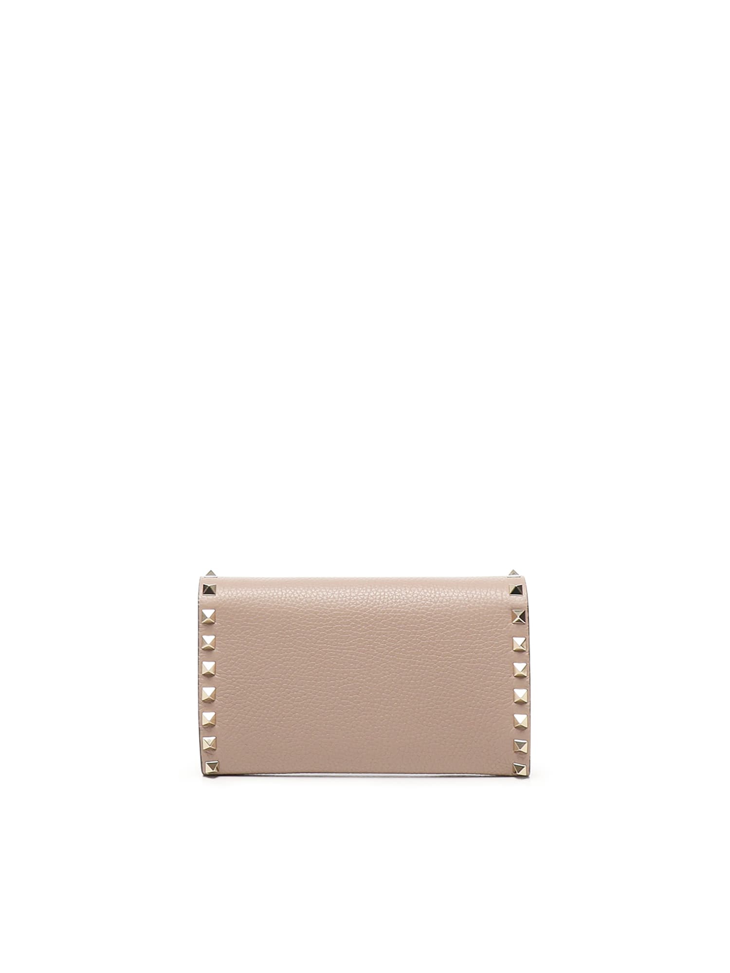 Valentino Rockstud Leather Wallet With Chain In Neutral