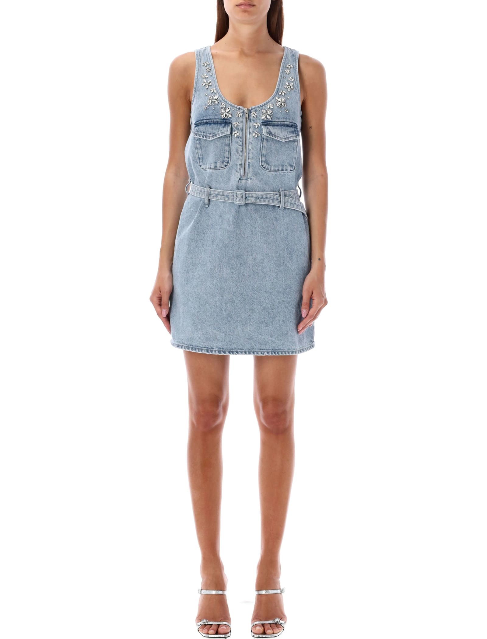 Shop Self-portrait Tank Denim Mini Dress Embellished In Light Blue