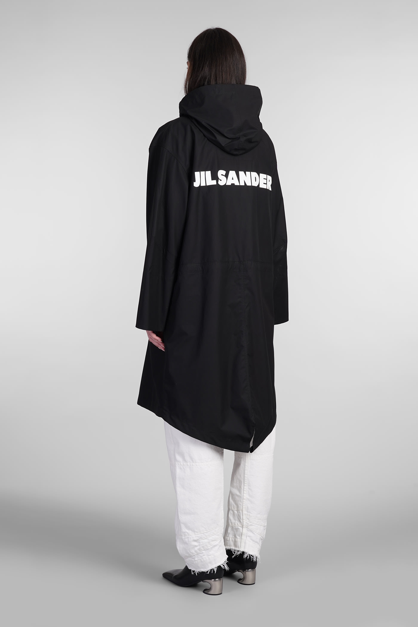 Jil Sander Hooded Midi Parka With Drawstring Waist In Black