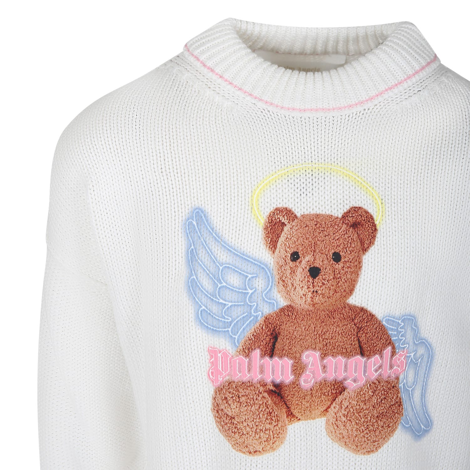 Shop Palm Angels White Sweater For Girl With Iconic Teddy Bear