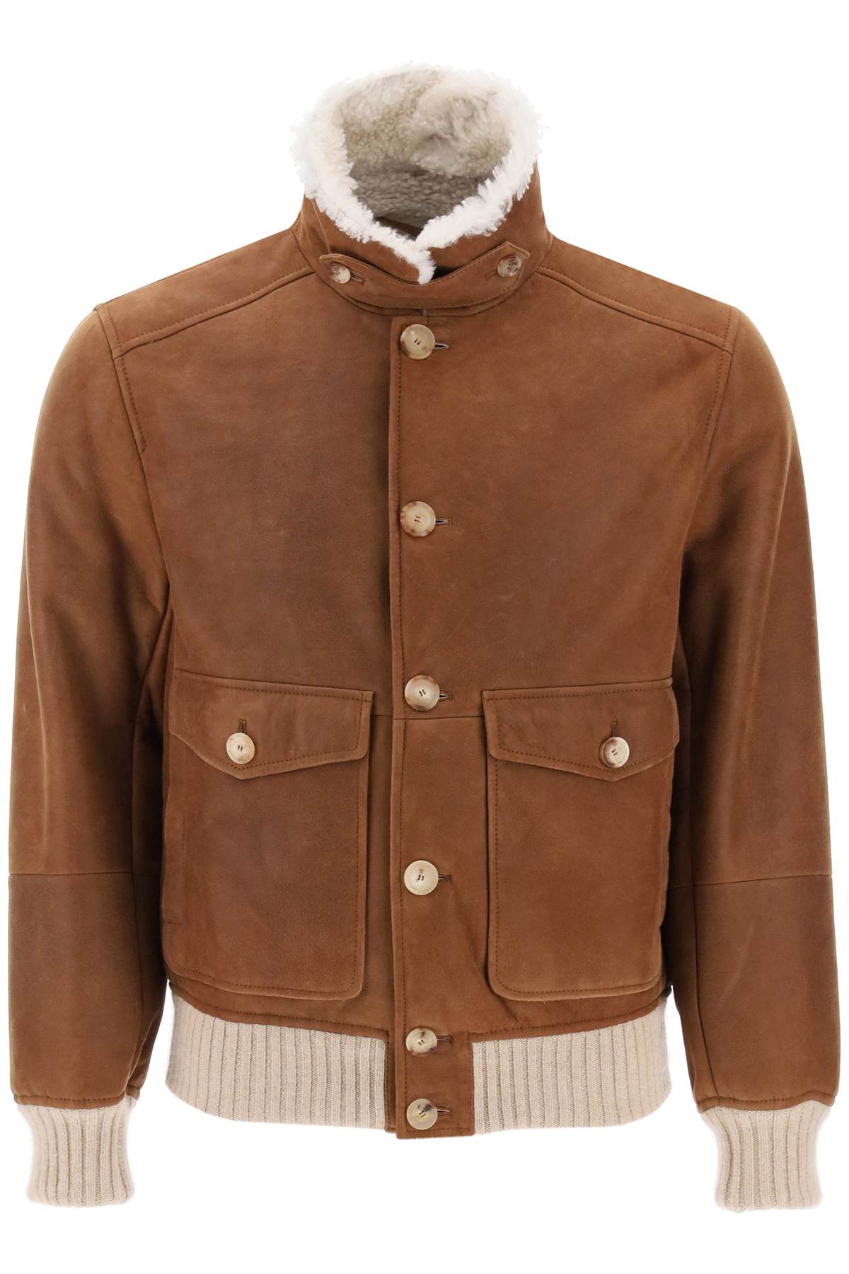 Brunello Cucinelli Long-sleeved Button-up Leather Jacket In Brown