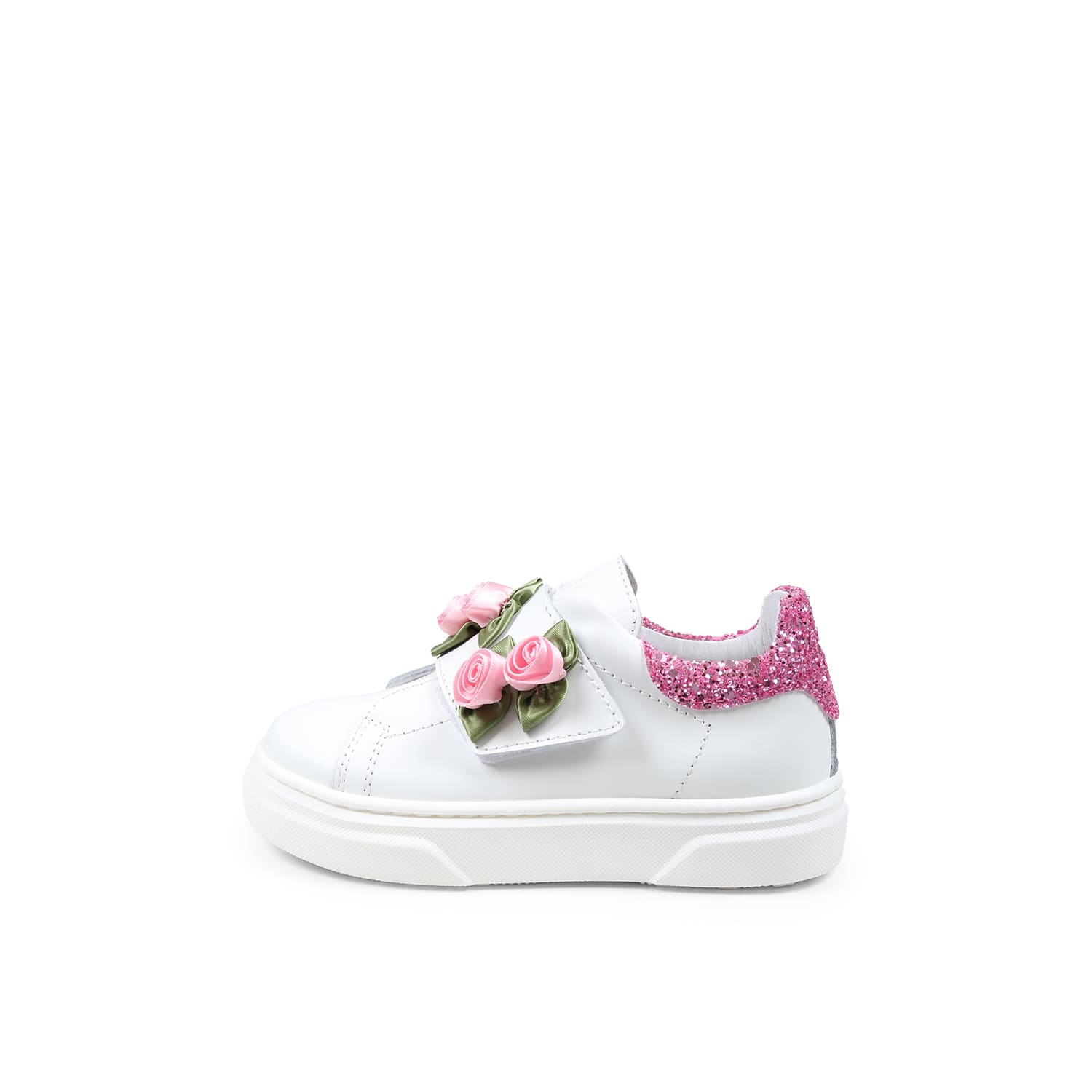 Monnalisa White Sneakers For Baby Girl And Girl With Roses In White