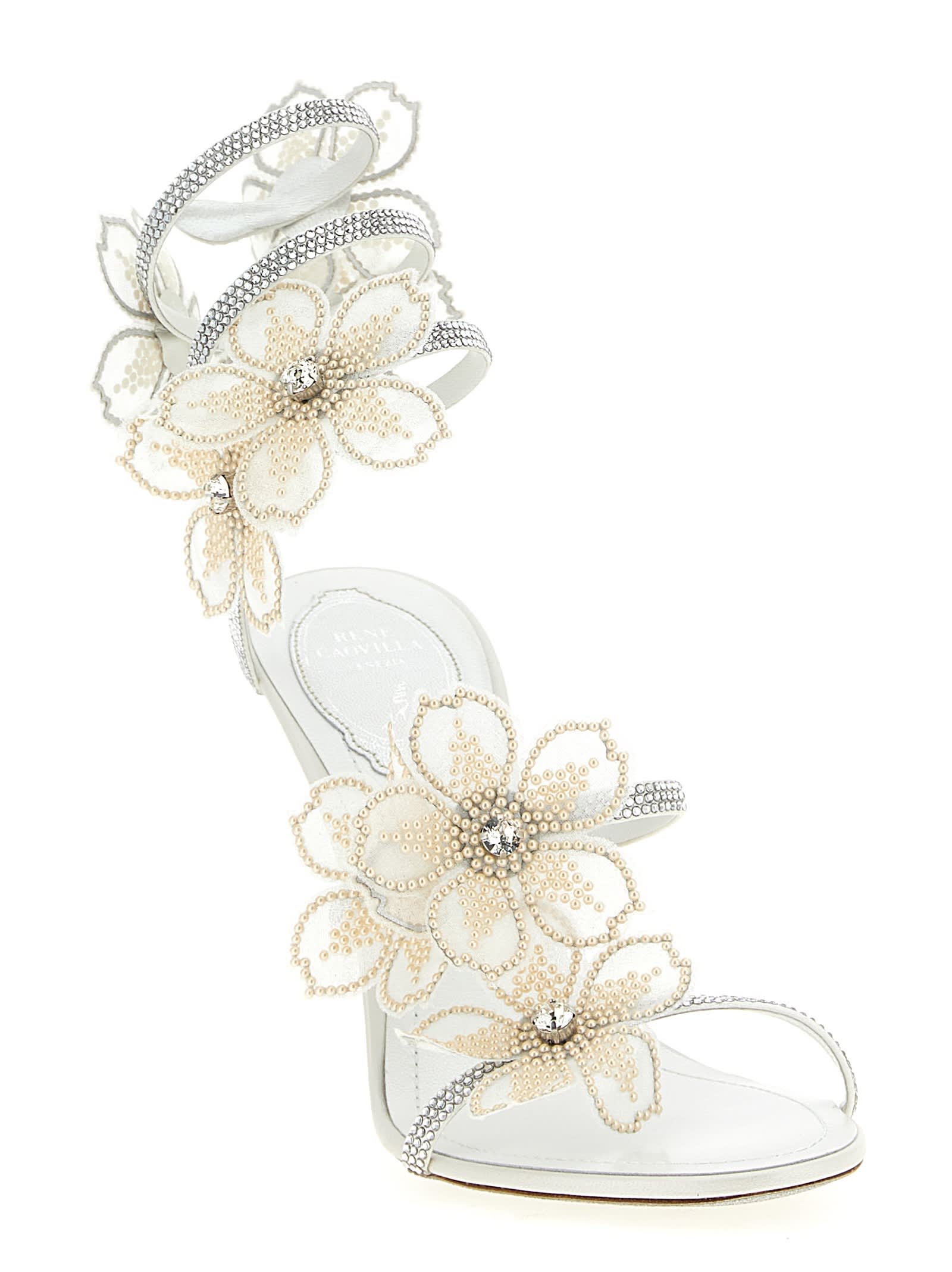 René Caovilla Peach Flower Sandals In White