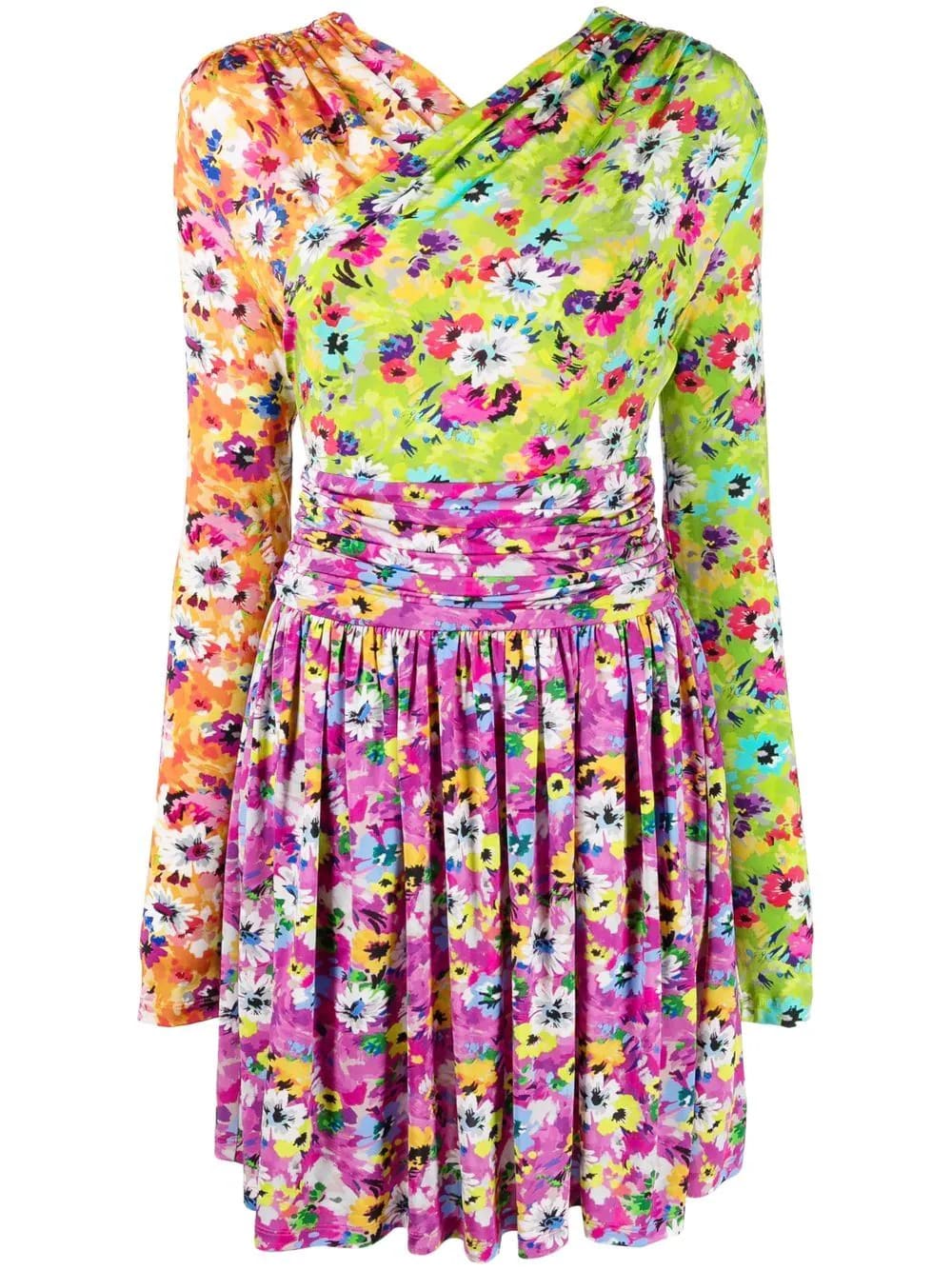 MSGM Woman Multicolored Floral Short Dress With Color Block Design