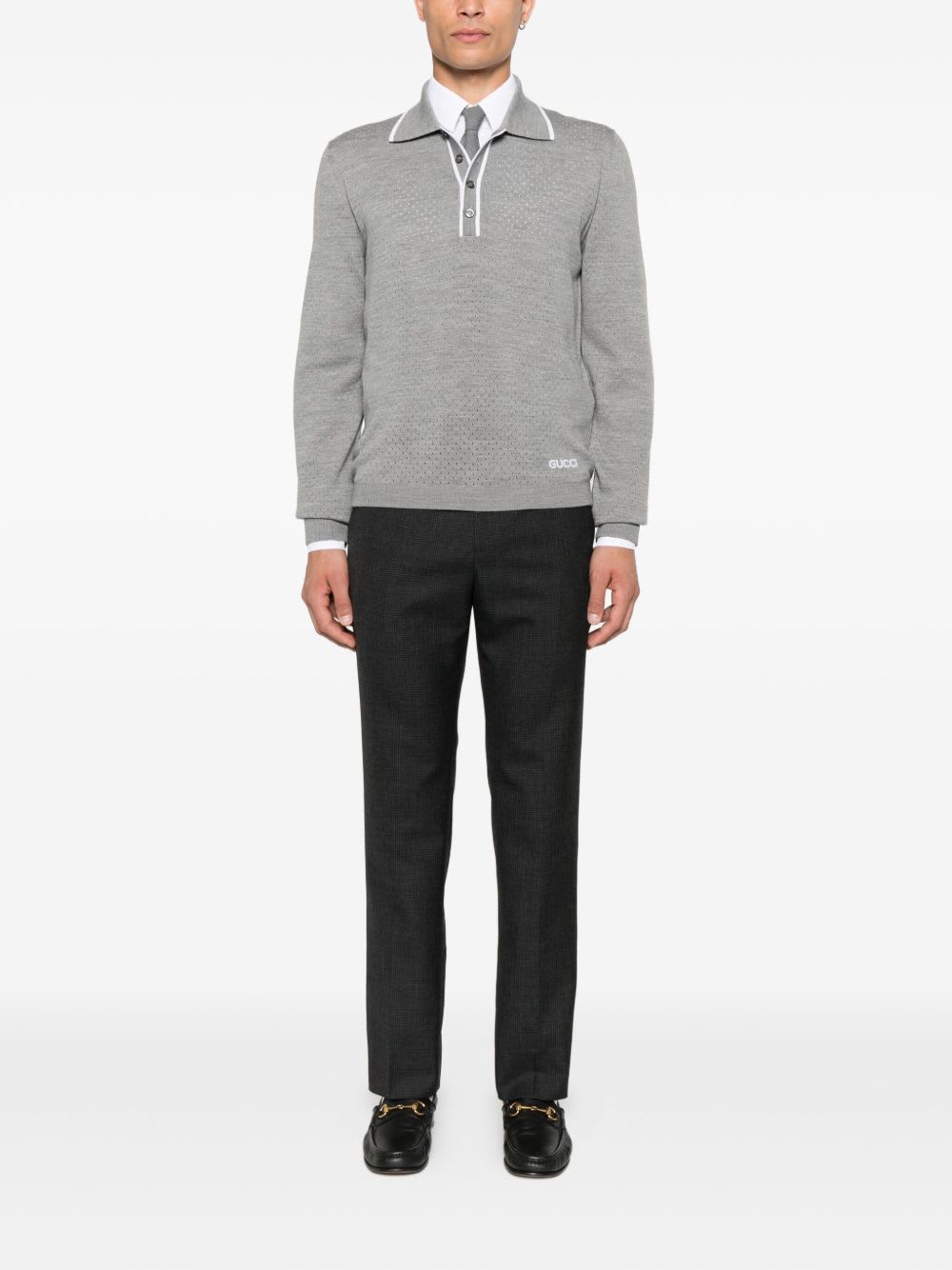 Gucci Men Wool Long-sleeves Polo Shirt In Gray