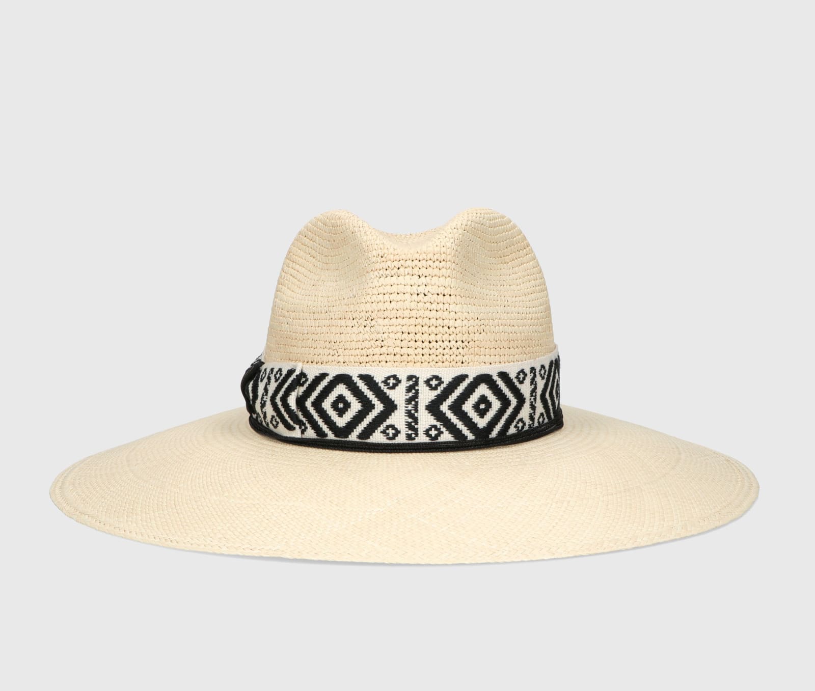 Shop Borsalino Sophie Panama Semicrochet Patterned Hatband In Natural, Patterned Black/cream Hat Band