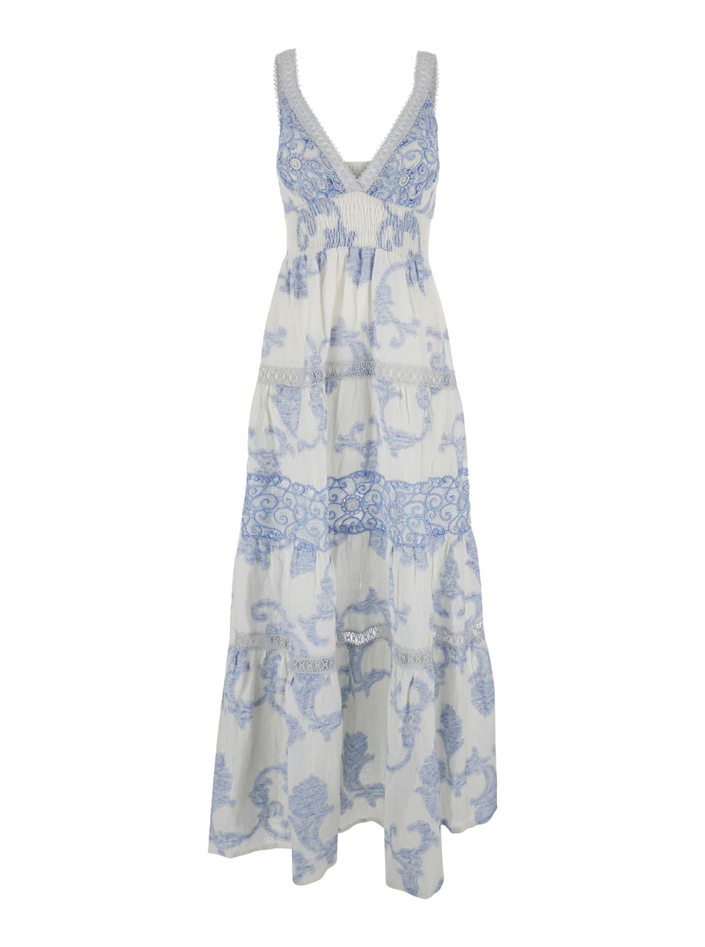 White Long Dress With Light Blue Floral Print In Linen Woman