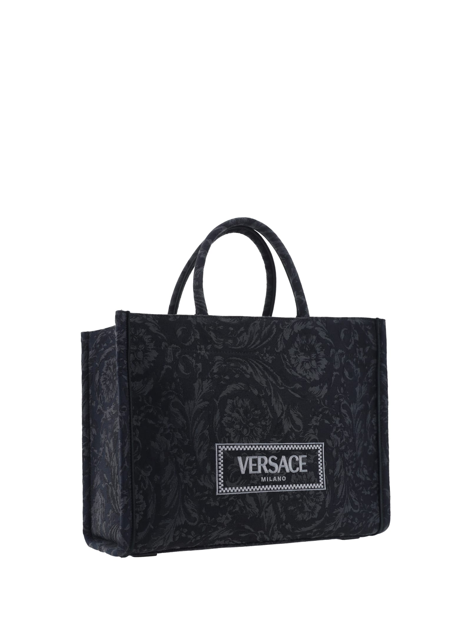 Shop Versace Athena Handbag In Black+black--gold