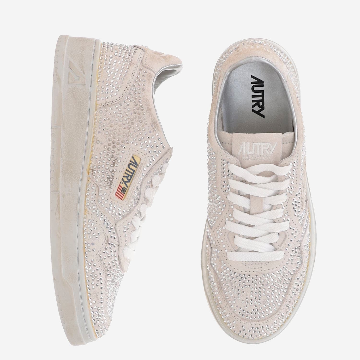 Autry Medalist Low Suede Sneakers With Rhinestones In Neutral