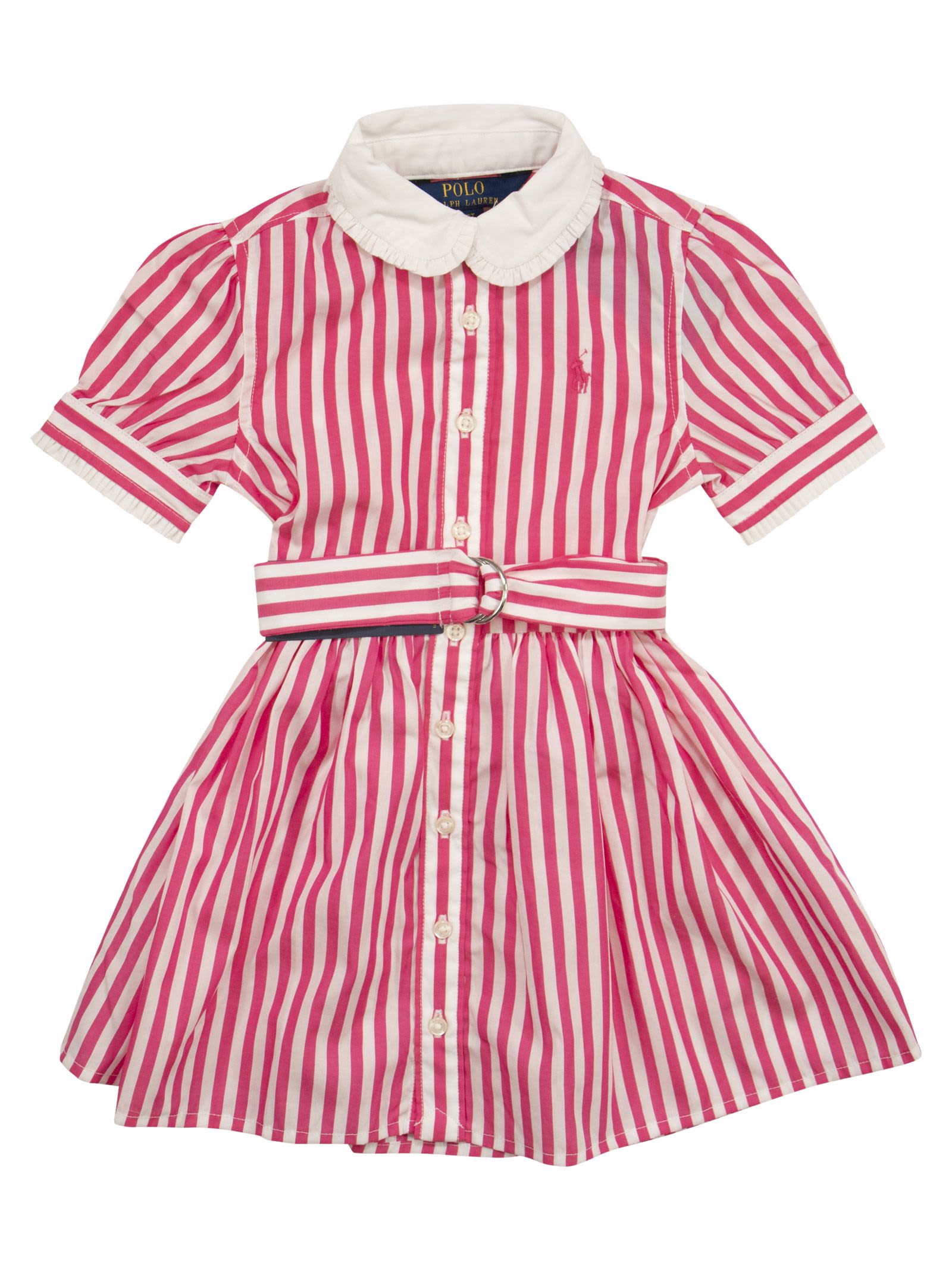 Polo Ralph Lauren Kids' Striped Cotton Chemisier With Belt In Pink/white