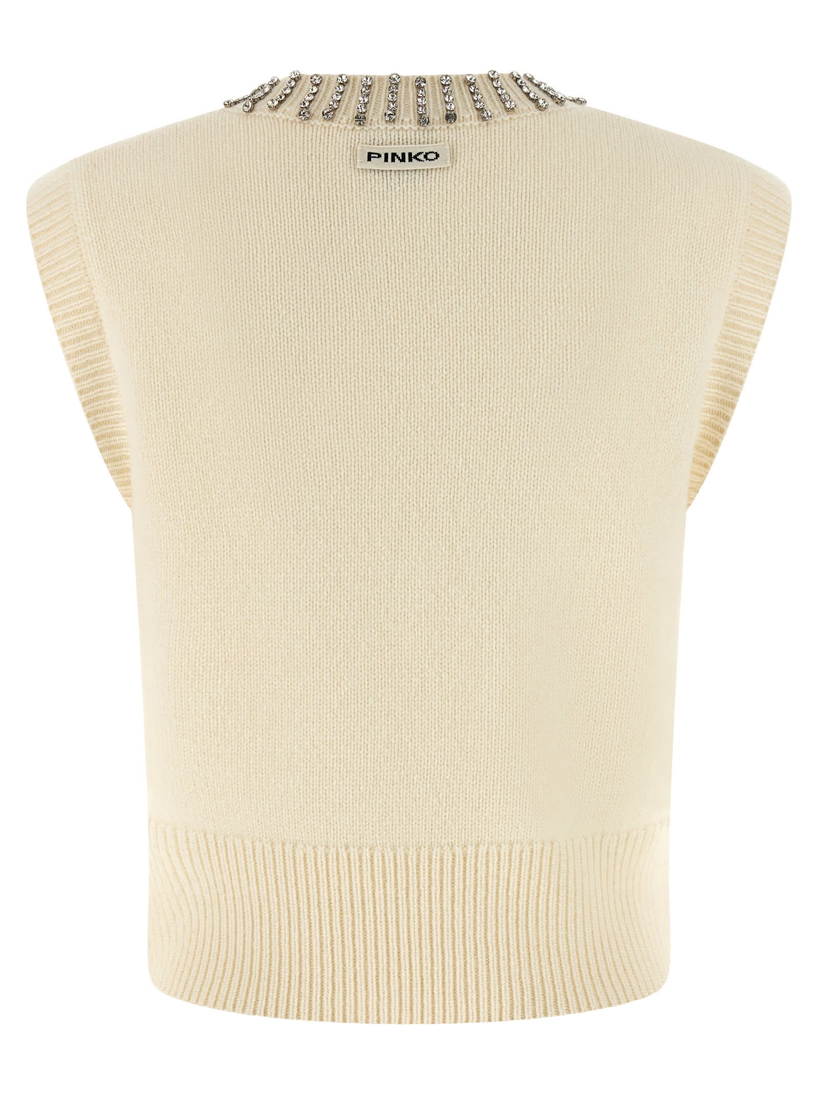 Pinko White Rhinestone Knitted Vest In Neutral
