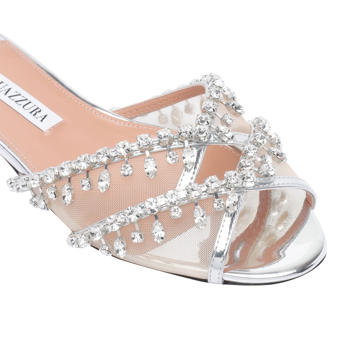 Aquazzura Temptation Crystal-embellished Mesh-trimmed Metallic Leather Slides