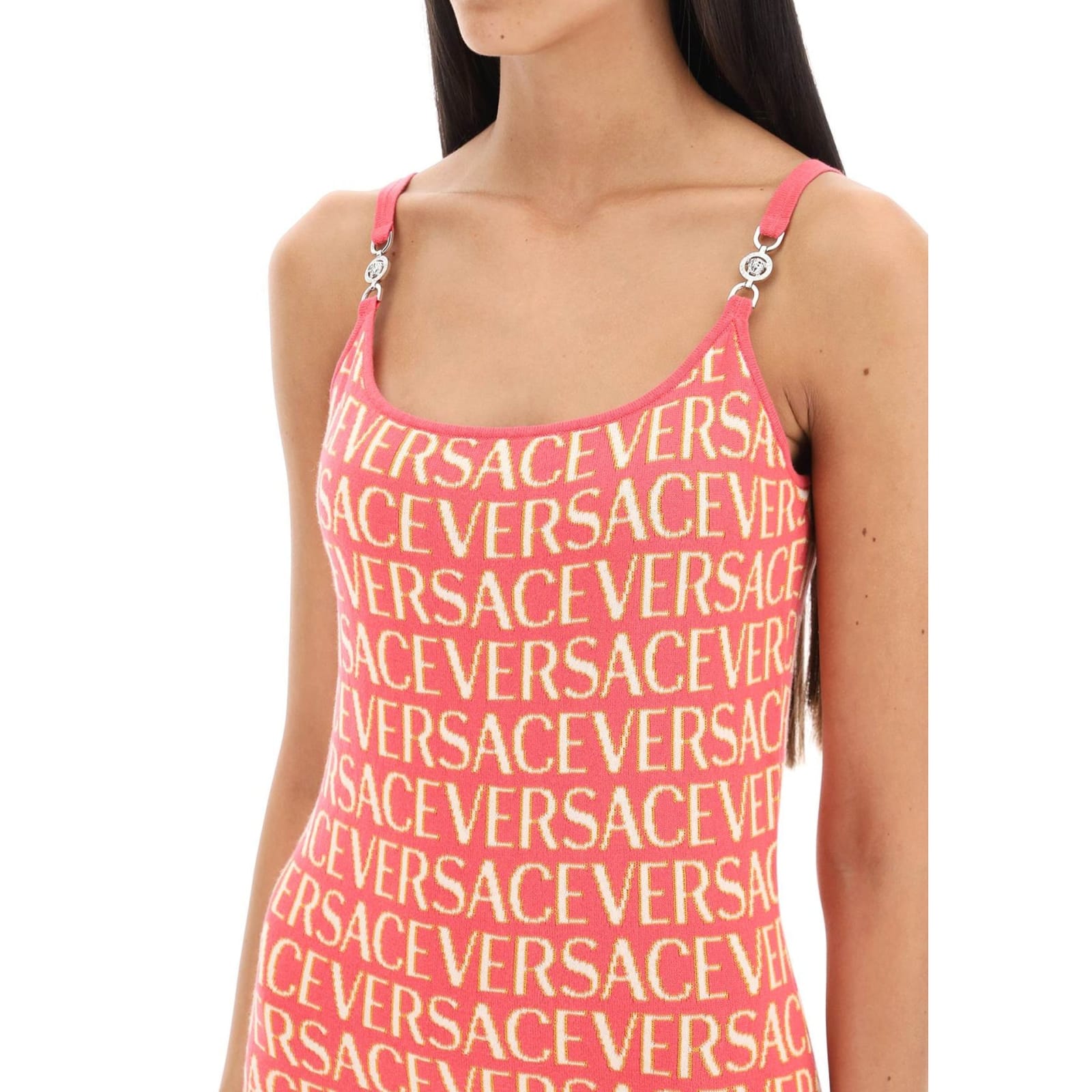Shop Versace Knitted Dress In Pink