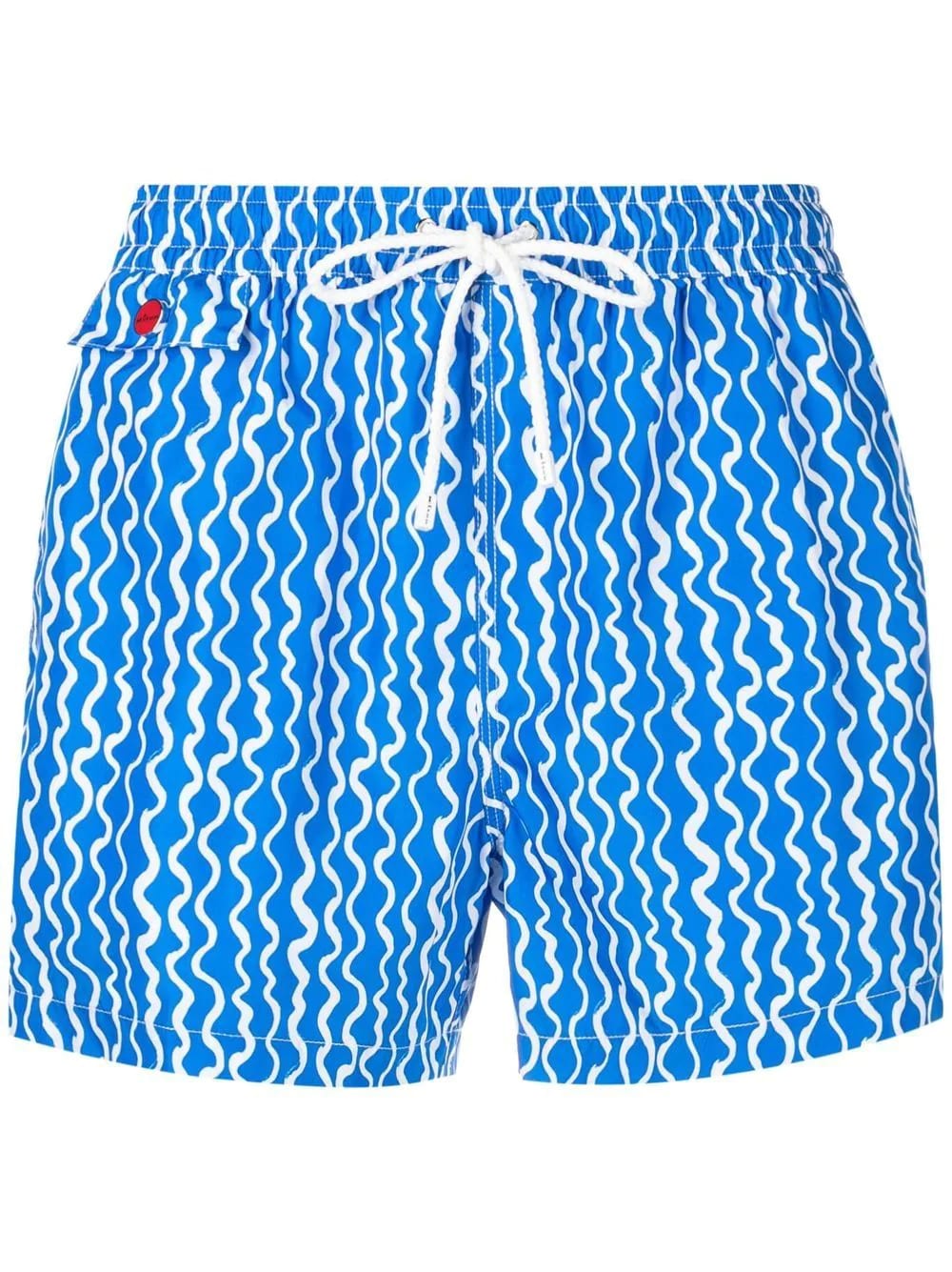 Kiton Royal Blue Swim Shorts With White Waves Print