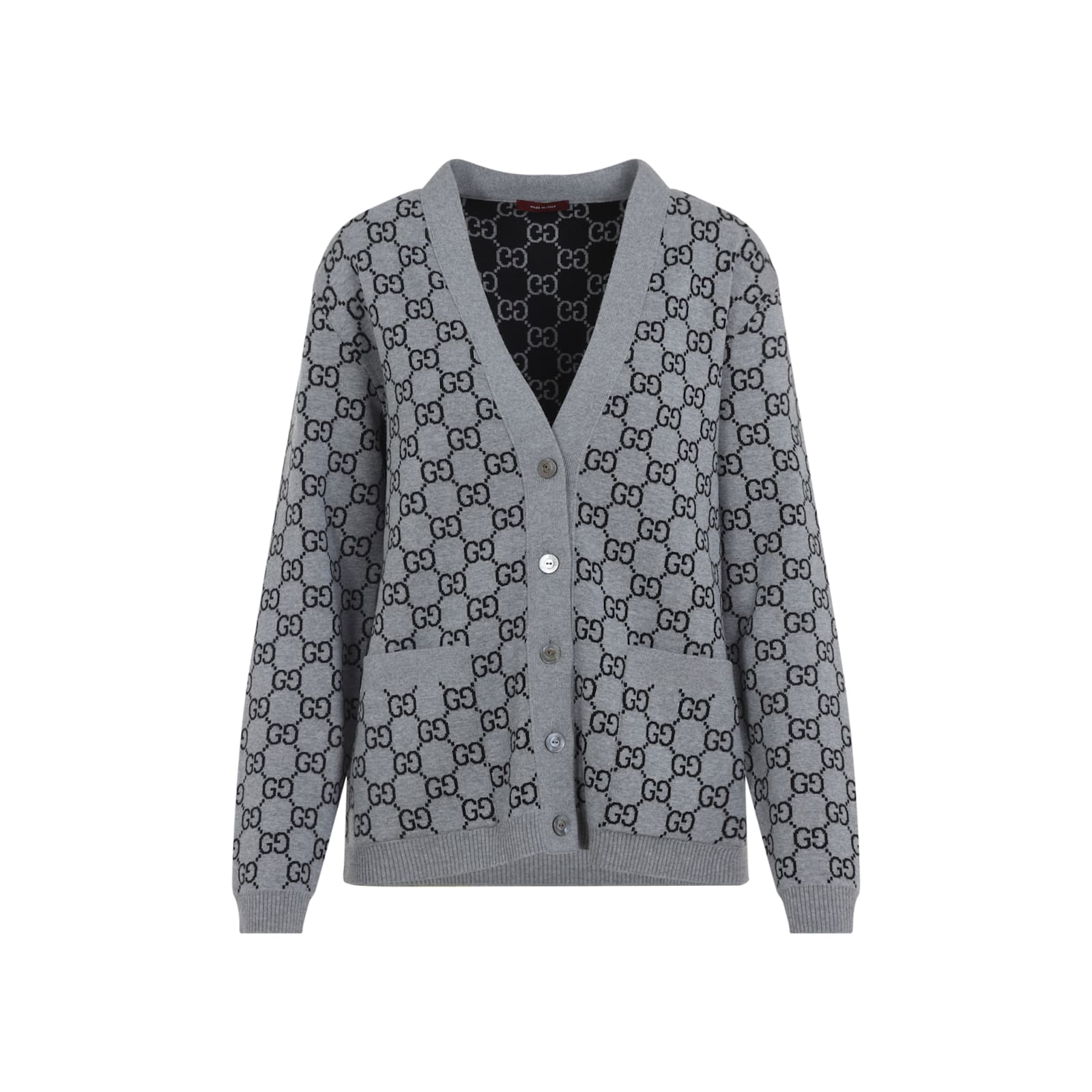 Gucci Wool Jacquard Cardigan With Gg Shadow In Gray