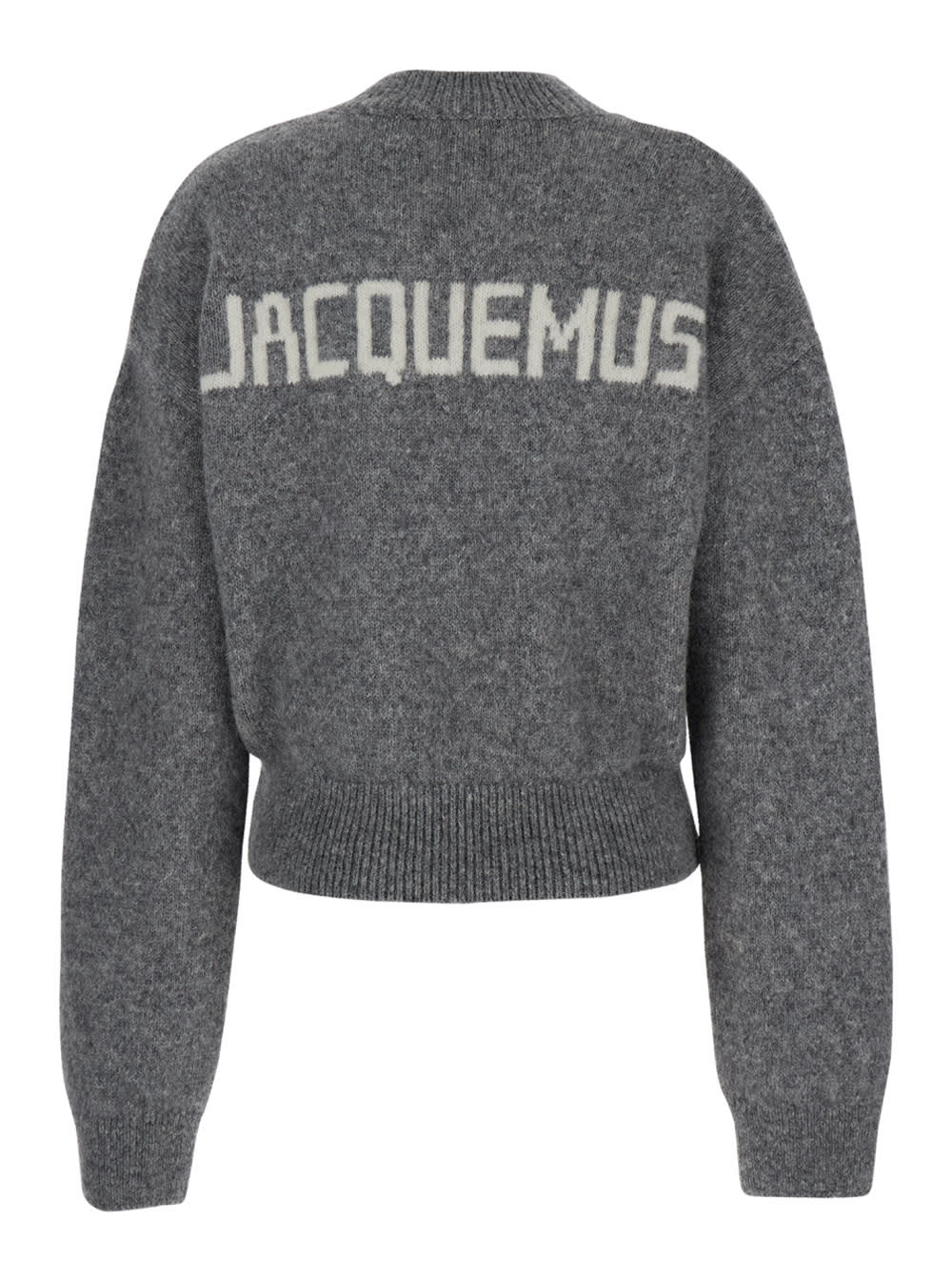 Shop Jacquemus Grey Cropped Sweater With Jacquard Logo At The Back In Wool Blend Woman