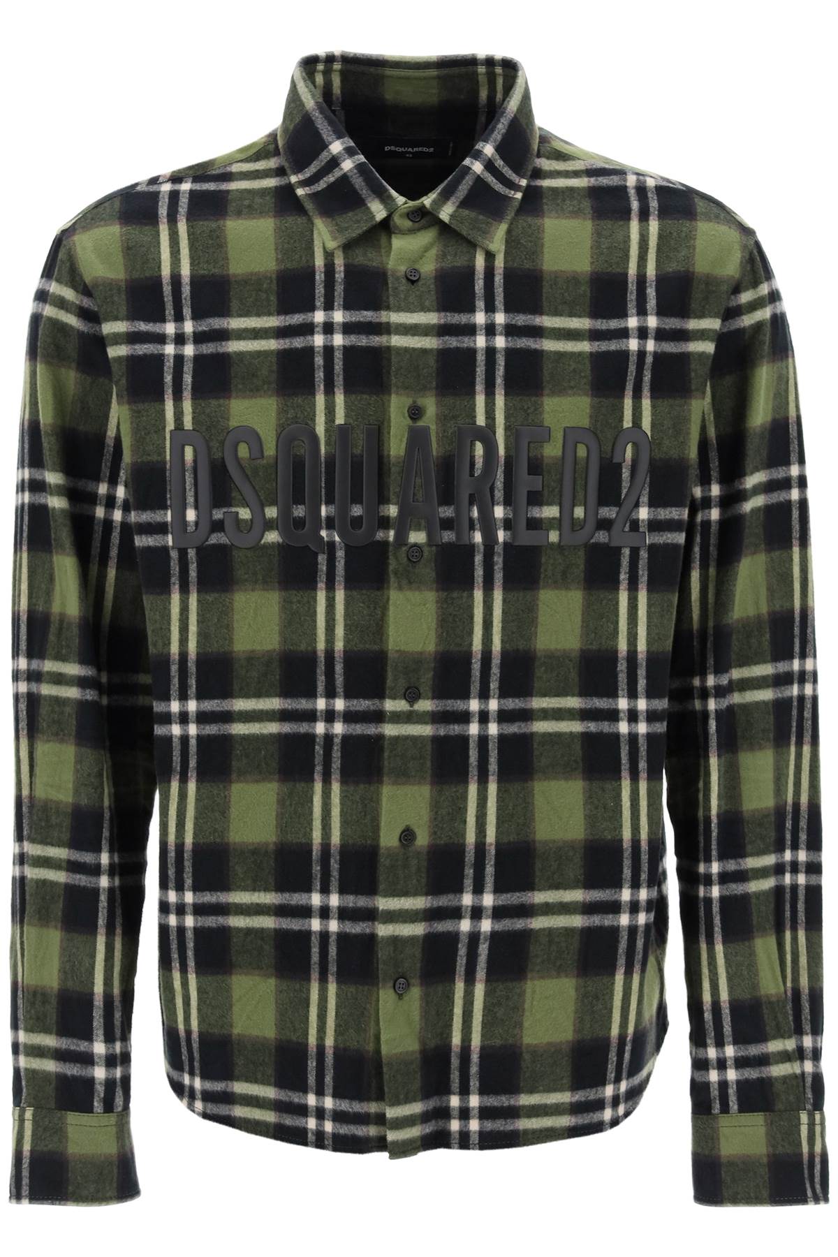 Shop Dsquared2 Check Flannel Shirt With Rubberized Logo In Green Brown (green)