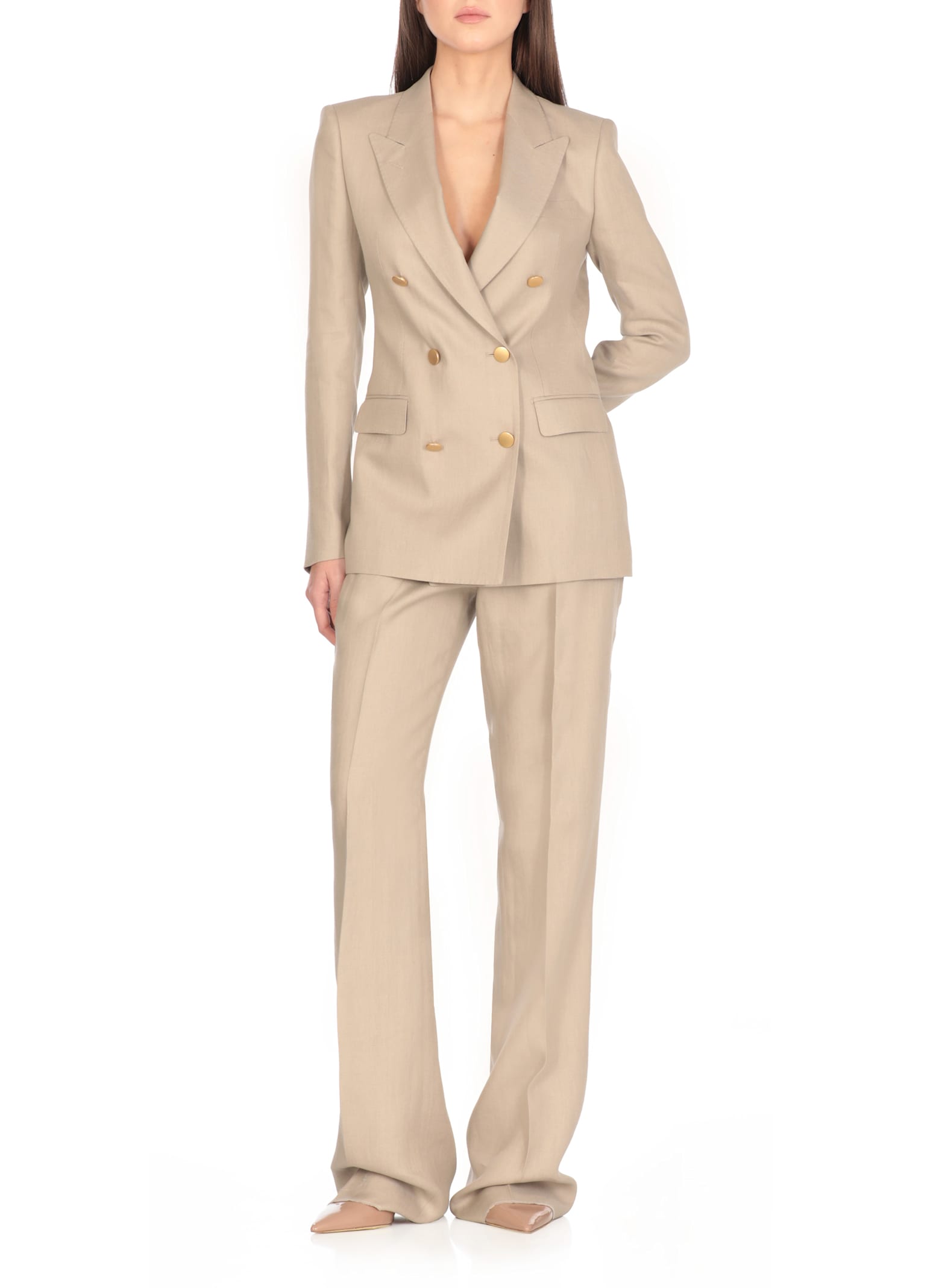 Tagliatore Beige Double-breasted Suit With Golden Buttons In Linen Woman In Beige