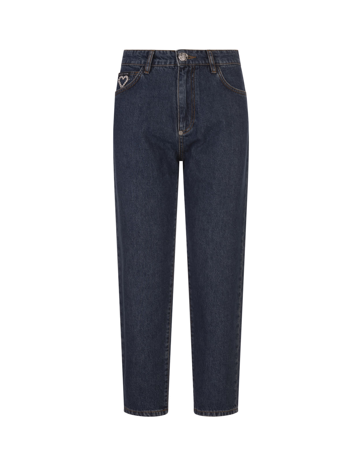 Shop Philipp Plein Crystal Heart Denim Mom Fit Trousers In Deep Sea Blue