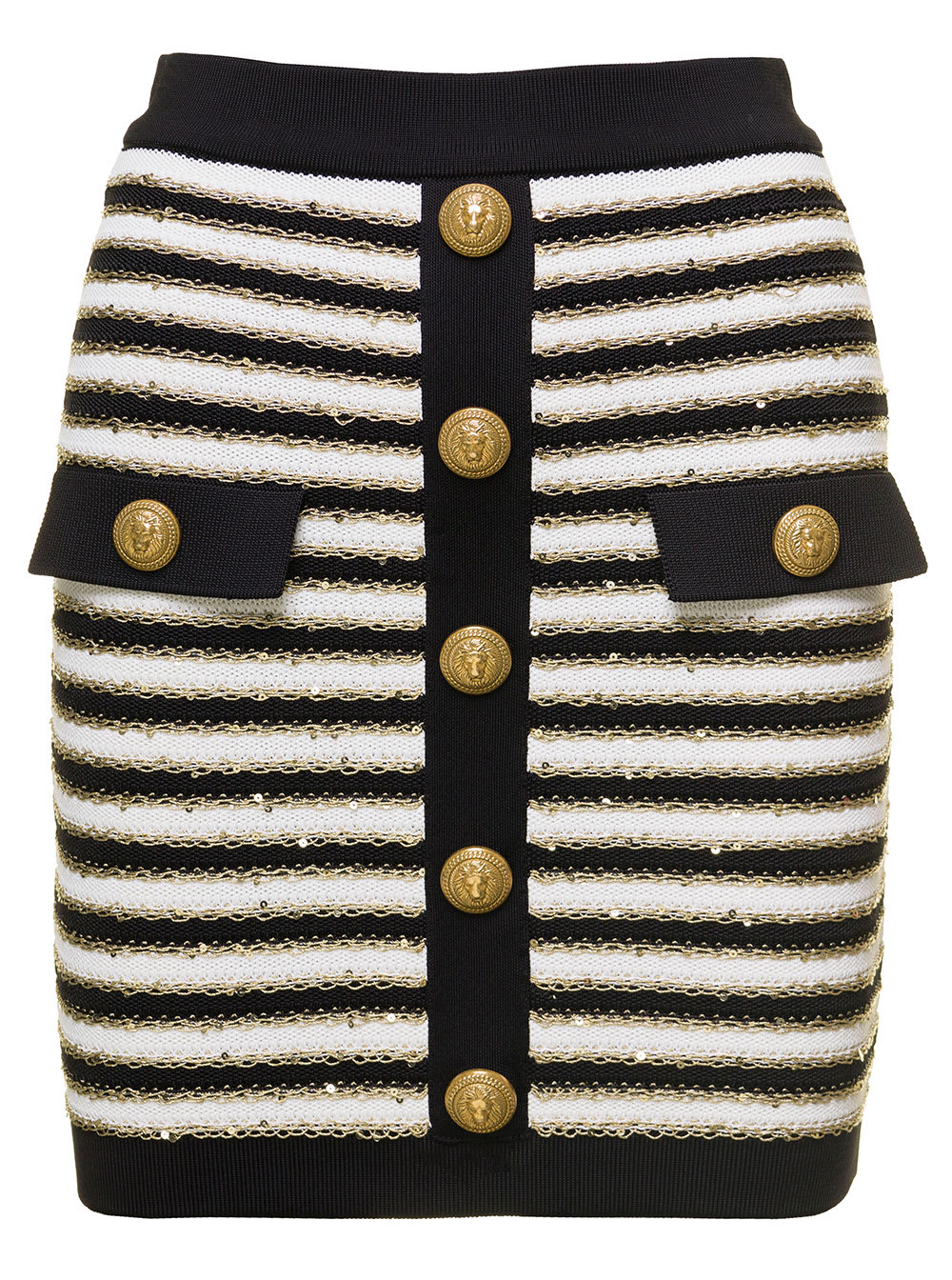 Balmain Black And White Striped Knit Mini Skirt With Embossed Golden Buttons In Viscose Woman Balmain