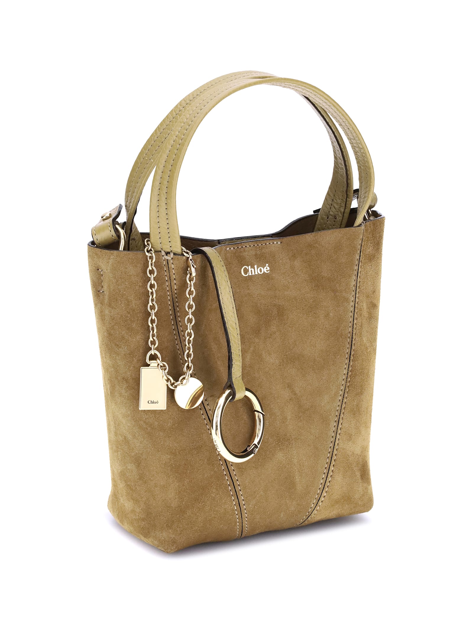 Chloé Small Beige Khaki Suede Spin Tote Bag In Brown