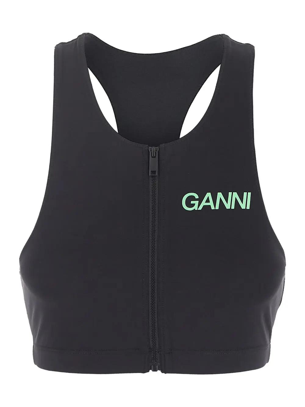 Ganni Logo-print Zip-up Top In Black