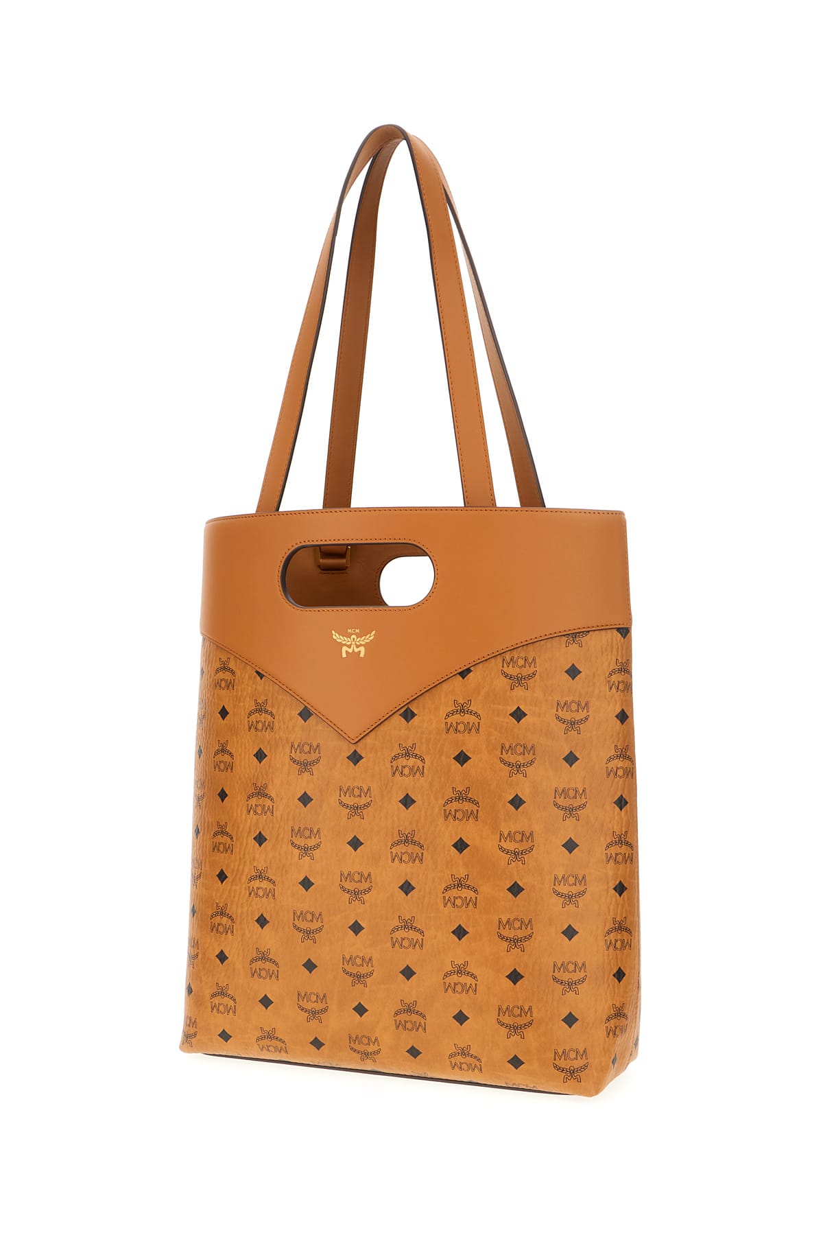 Shop Mcm Printed Synthetic Leather Diamond Shopping Bag In Cognac